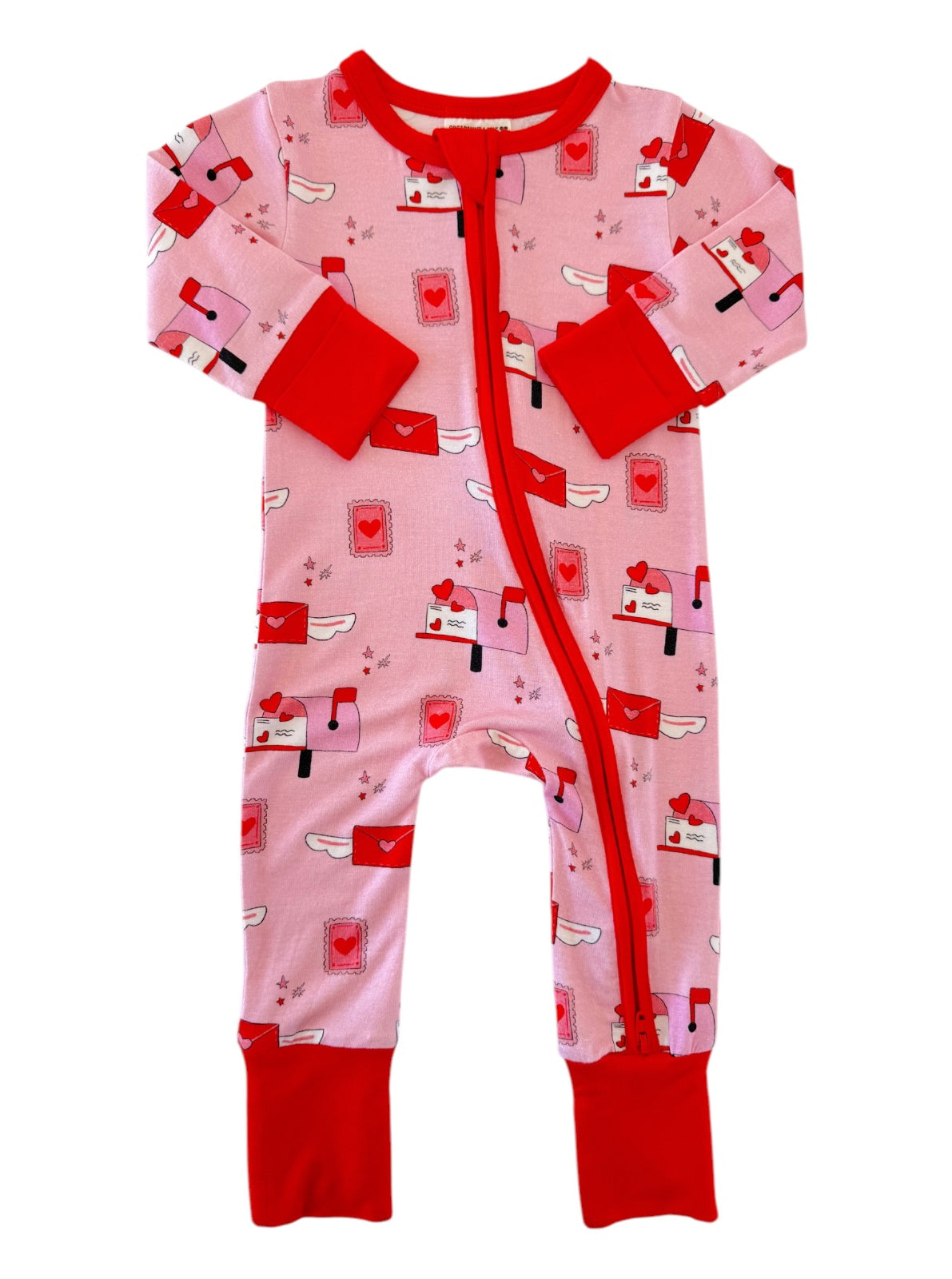 Red and pink baby onesie with heart and mailbox patterns, featuring a front zipper. Ideal for cozy, festive wear.