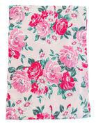 Floral fabric featuring vibrant pink roses and small white flowers on a light background.
