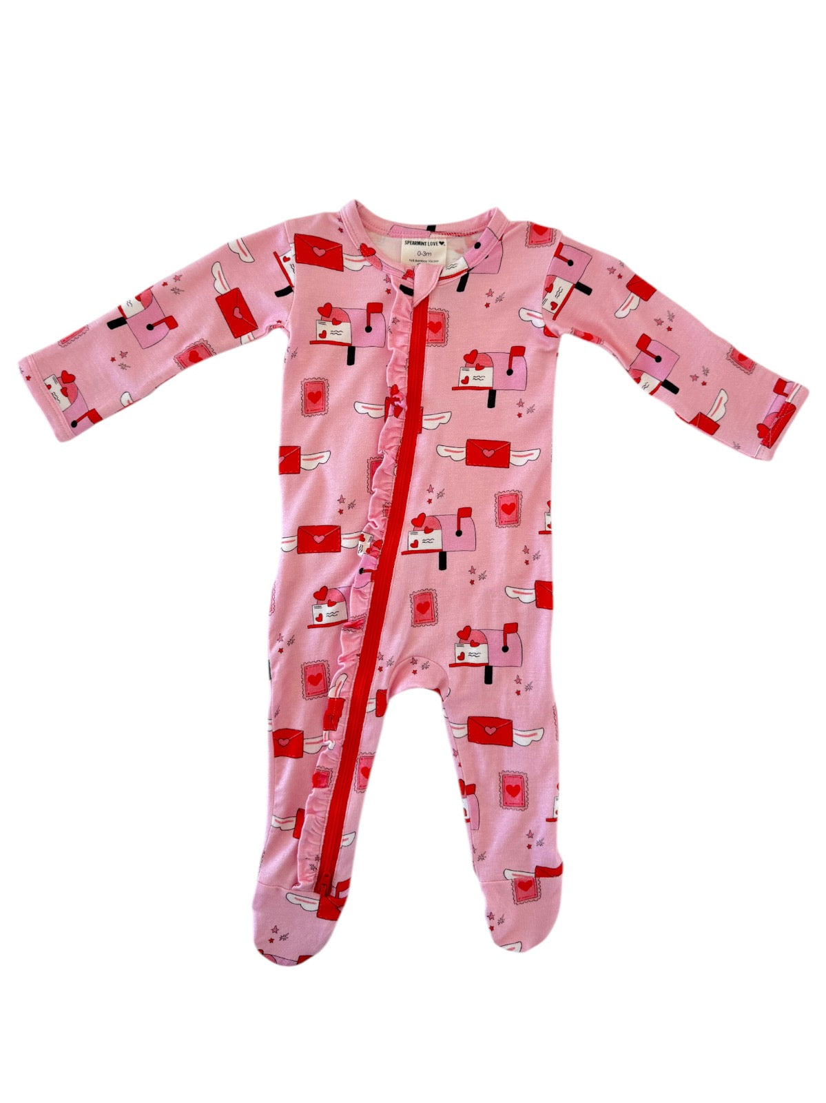 Pink infant onesie with mailboxes and hearts pattern, featuring a front zipper and ruffled detail.