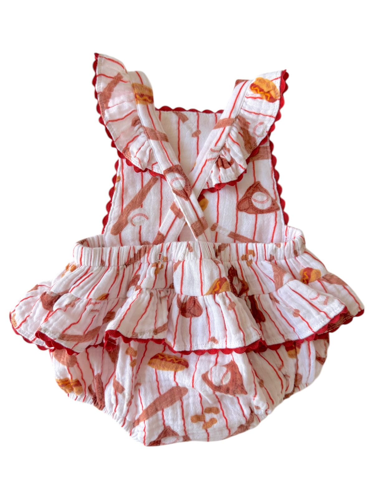 White baby romper with red food print and frill details, perfect for warm weather.