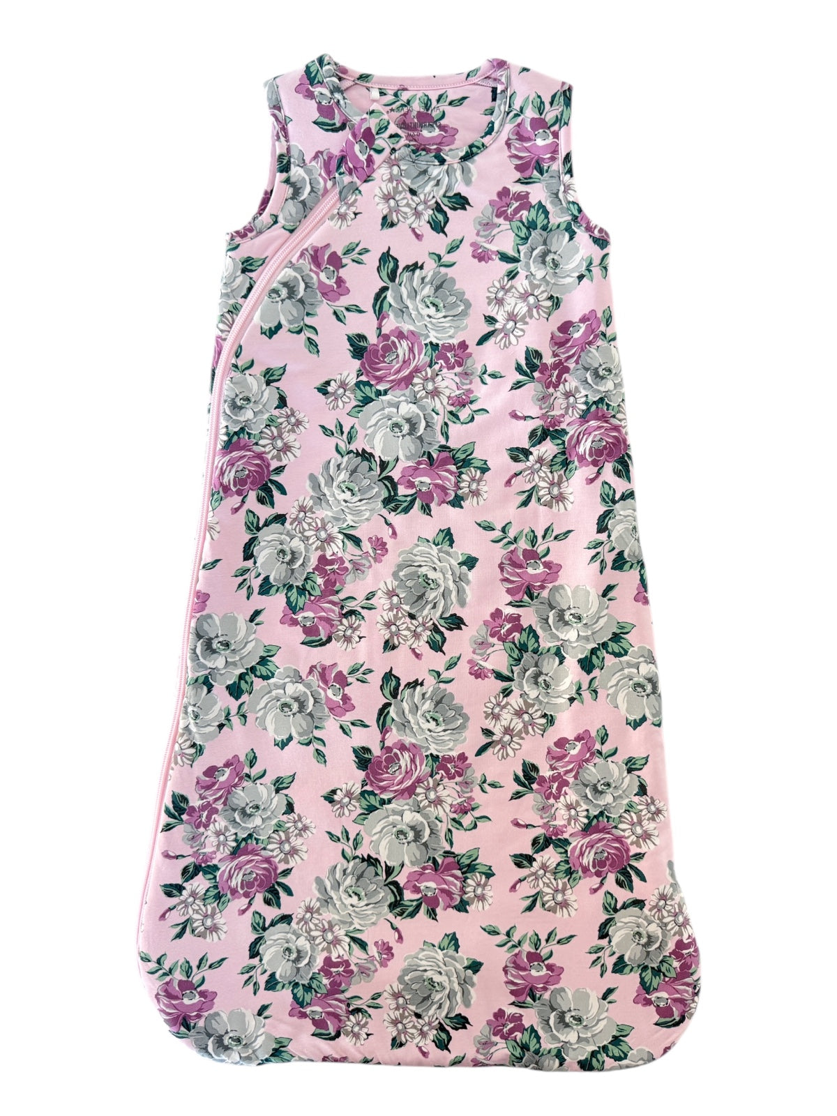 Floral baby sleeping bag in pink with a zipper, featuring grey and purple roses on a soft fabric background.
