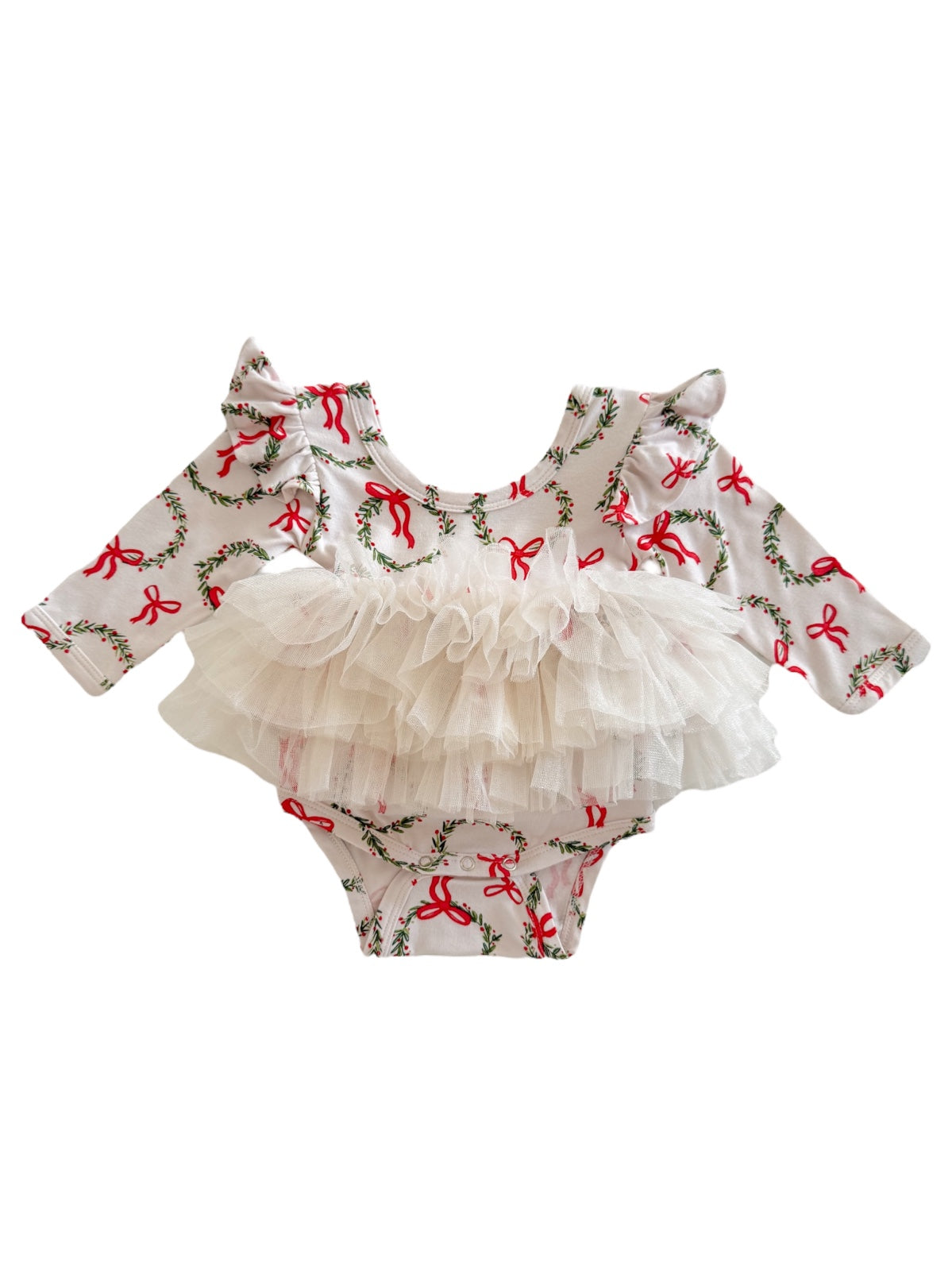 White onesie with red bows and wreaths, featuring a ruffled tulle skirt for a festive look.
