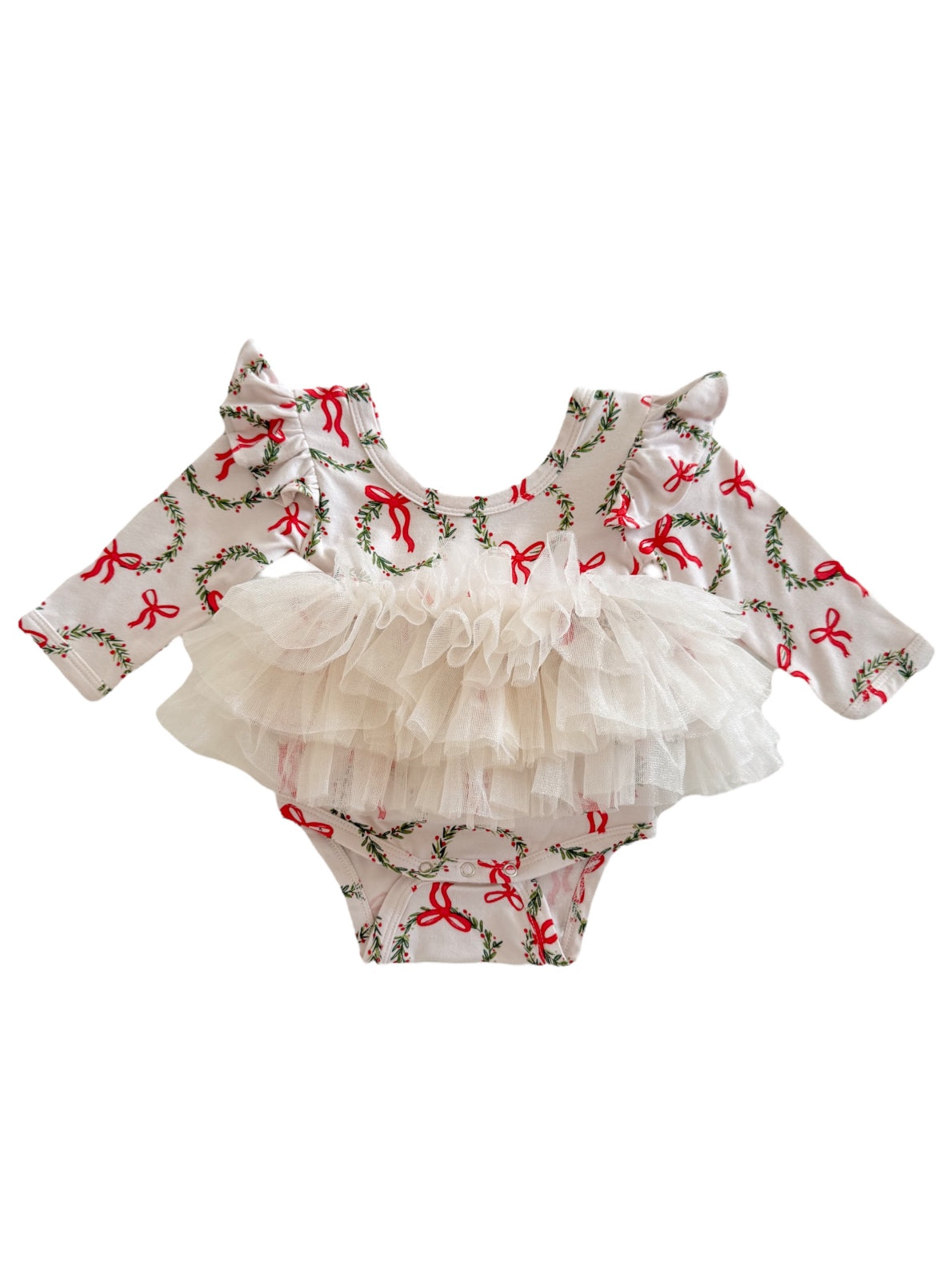 White onesie with red bows and wreaths, featuring a ruffled tulle skirt for a festive look.