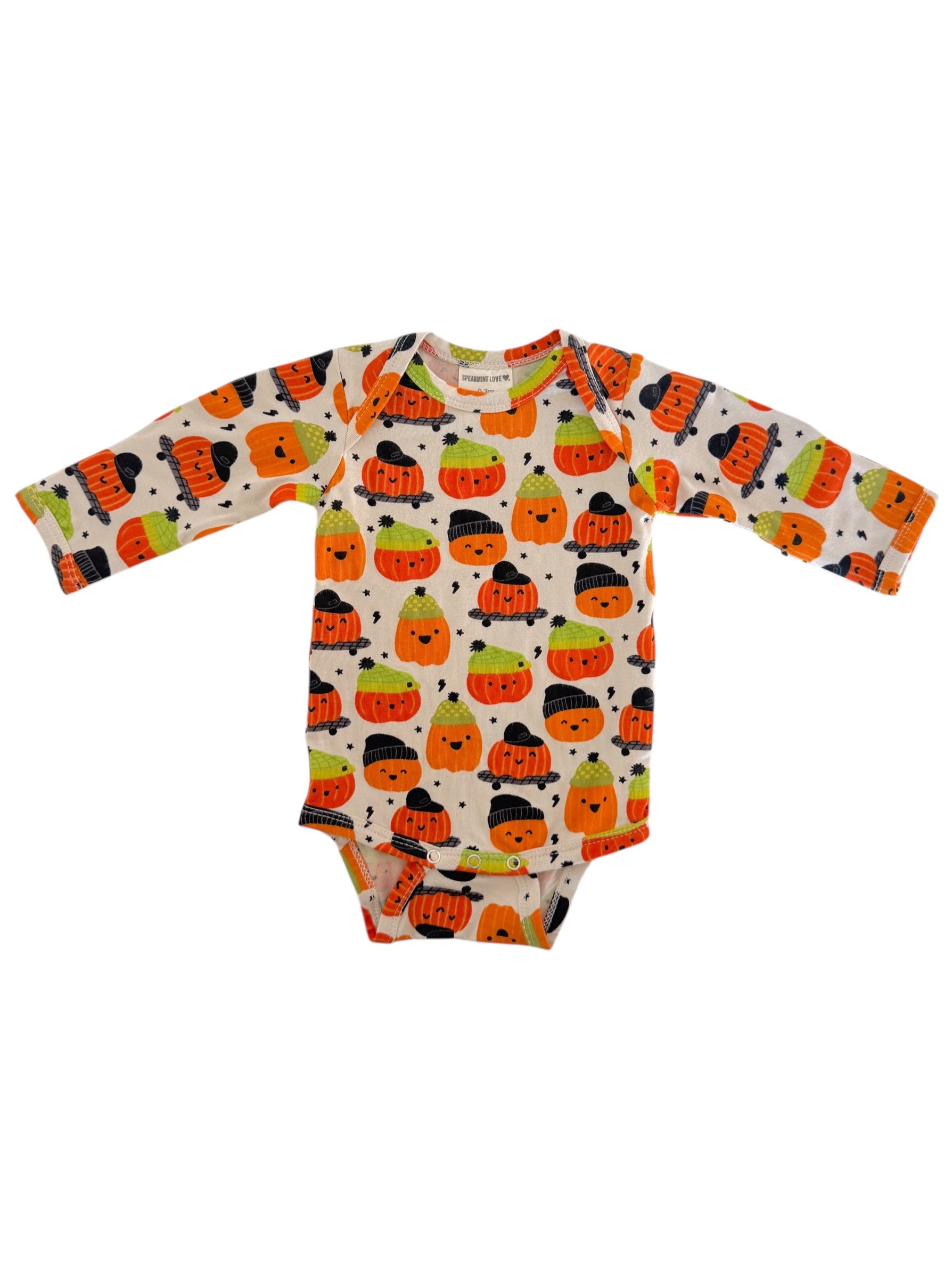 Long-sleeve baby onesie with colorful pumpkin and smiling face pattern. Perfect for fall and Halloween.