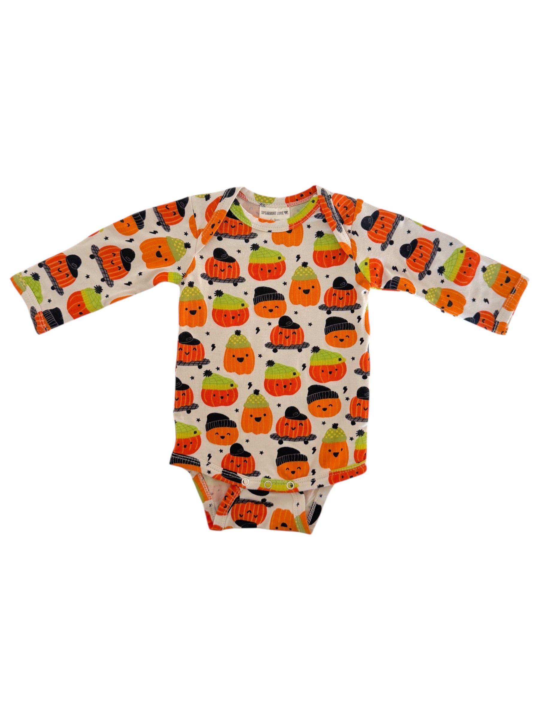 Long-sleeve baby onesie with colorful pumpkin and smiling face pattern. Perfect for fall and Halloween.