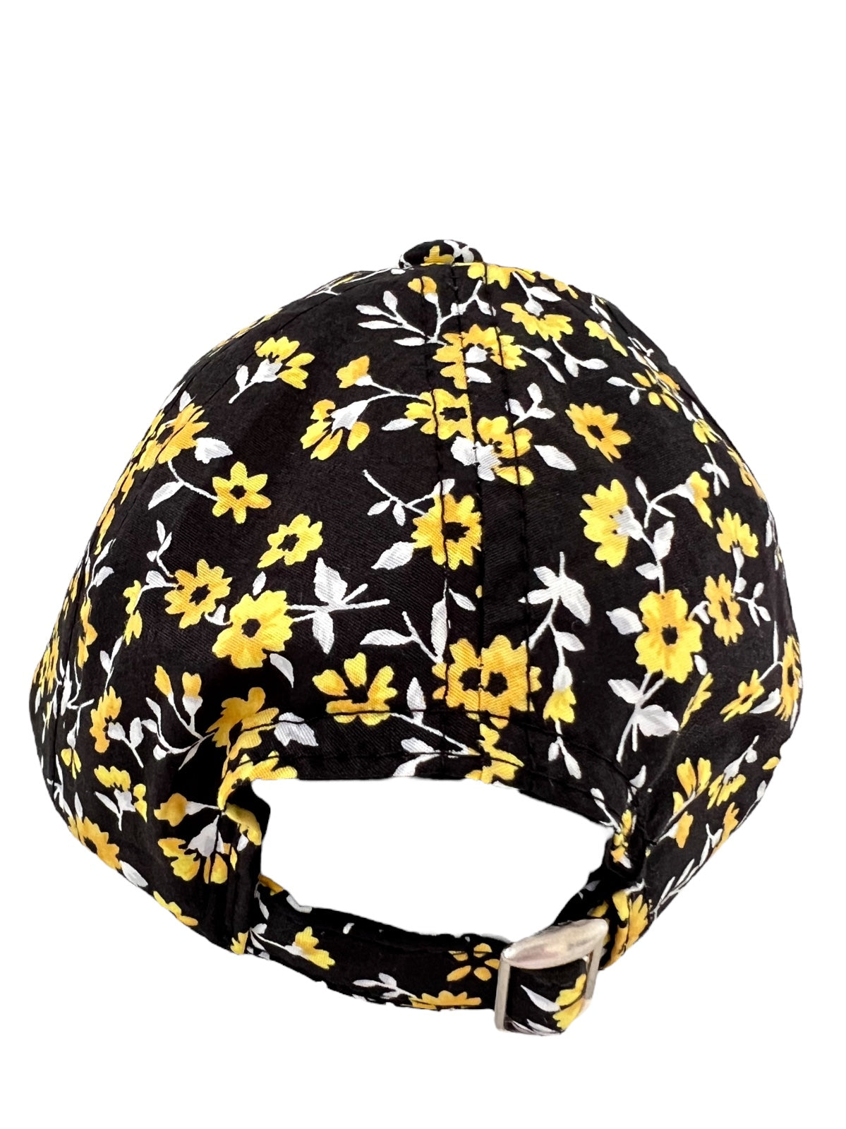 Black floral cap with yellow and white flowers, showing the back and adjustable strap.