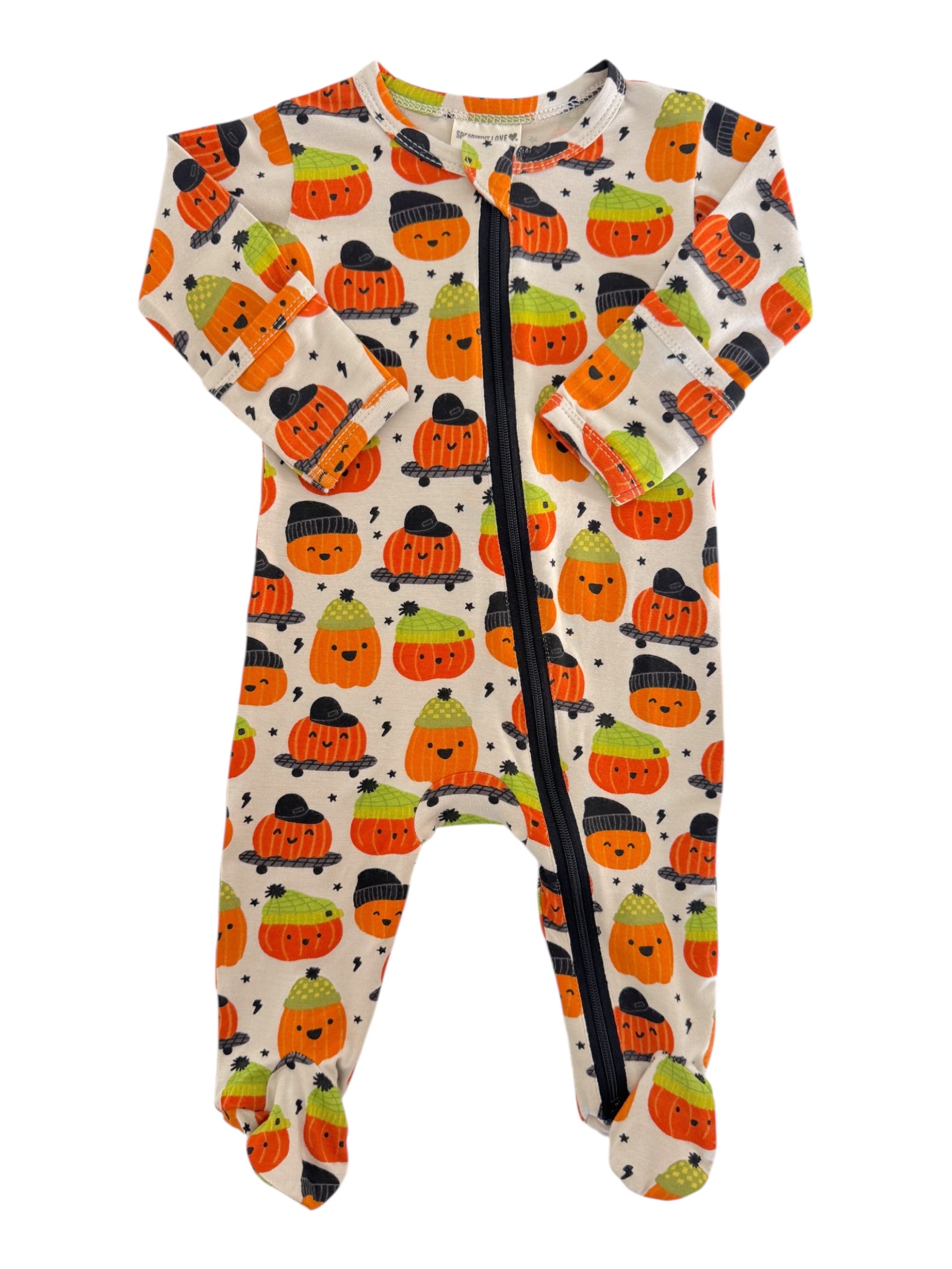 Baby onesie with pumpkin patterns in orange, green, and black, featuring a front zipper and footed design.