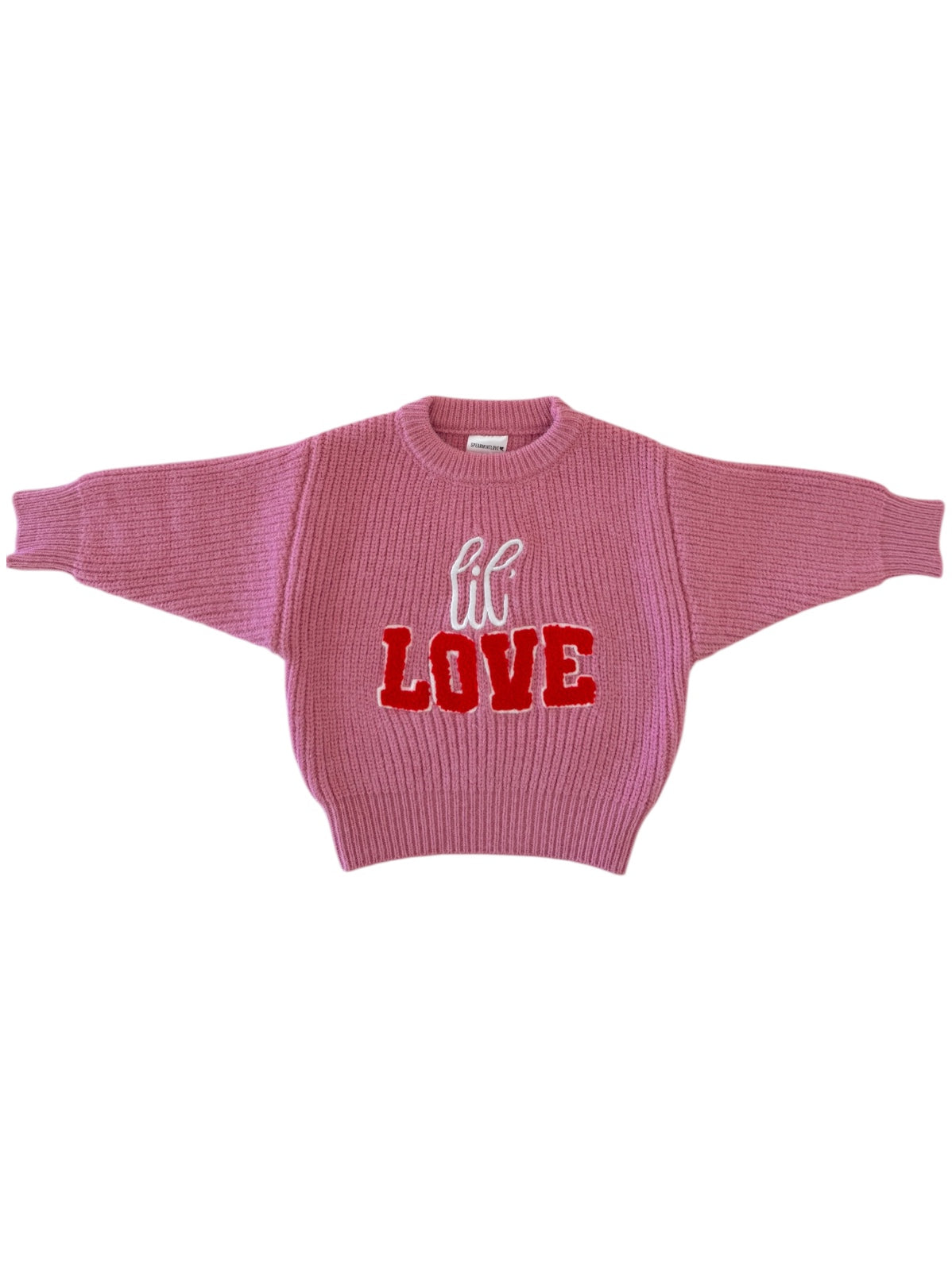 Pink knitted sweater with "hi LOVE" design in red and white.