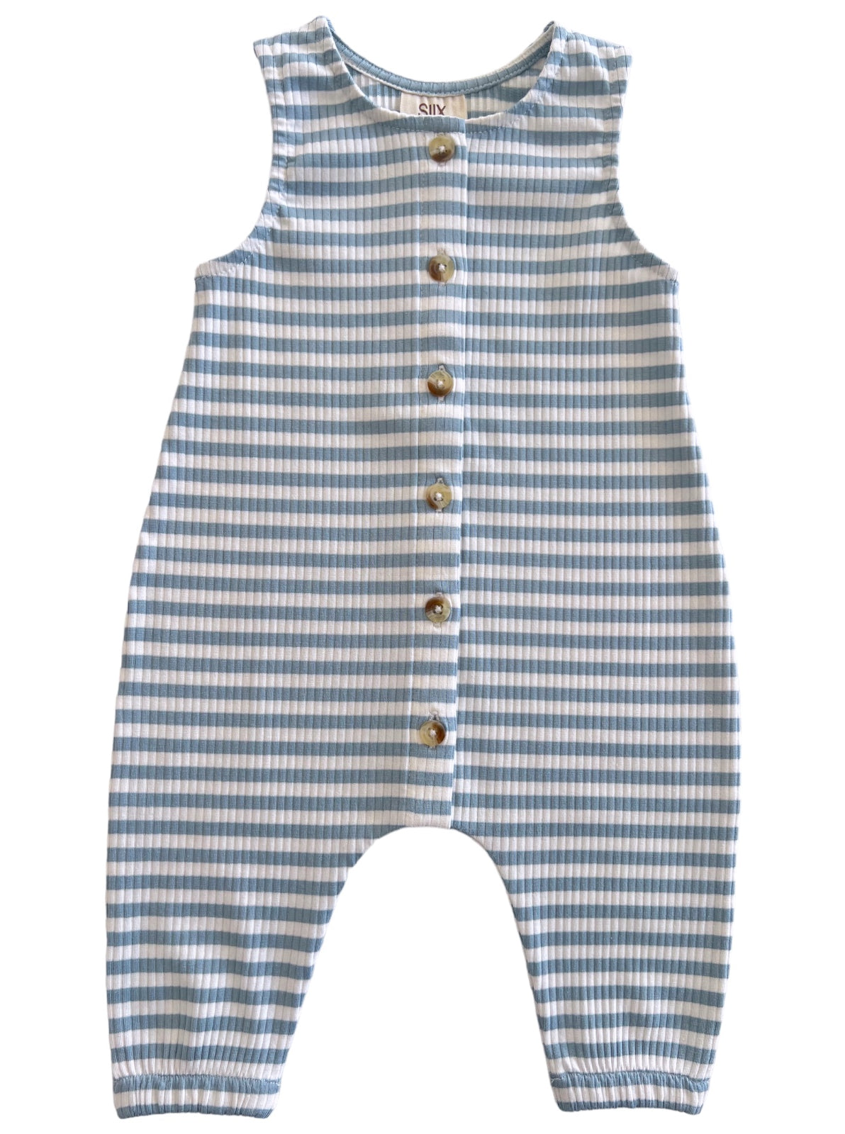Light blue and white striped children's romper with button front and sleeveless design.
