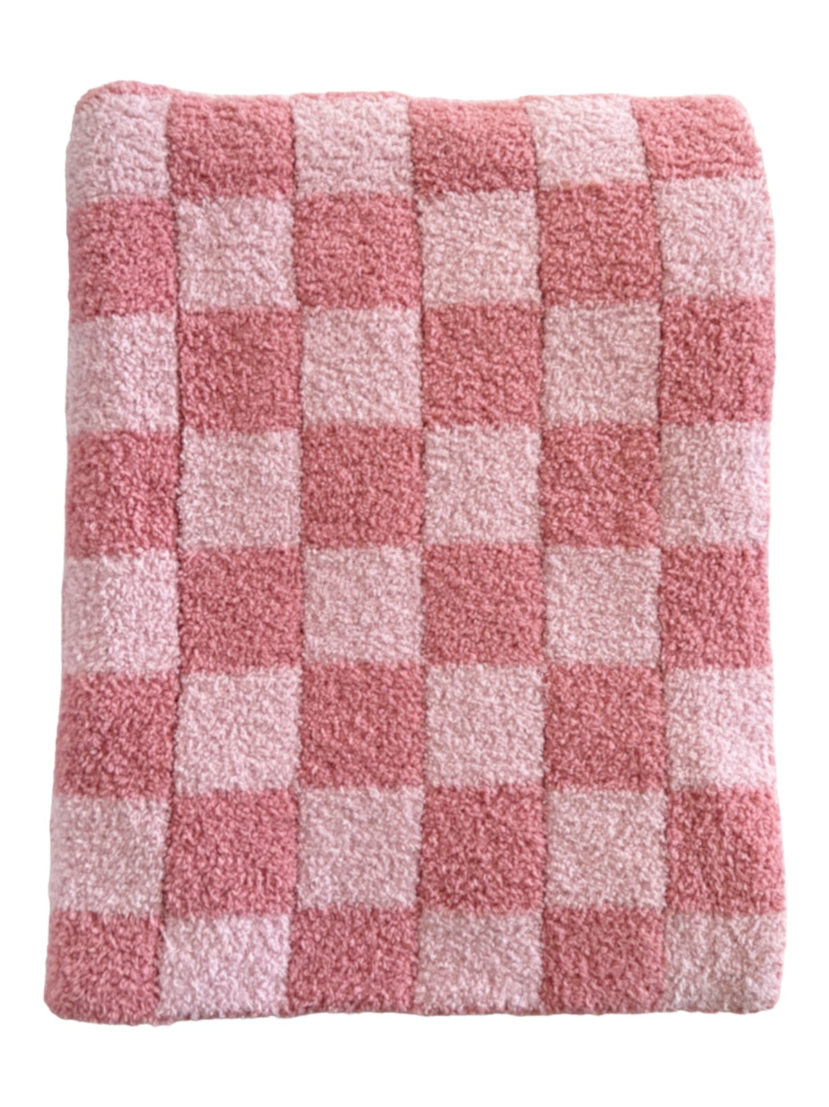 Pink checkered blanket, featuring alternating squares in varying shades of pink. Soft, fluffy texture.