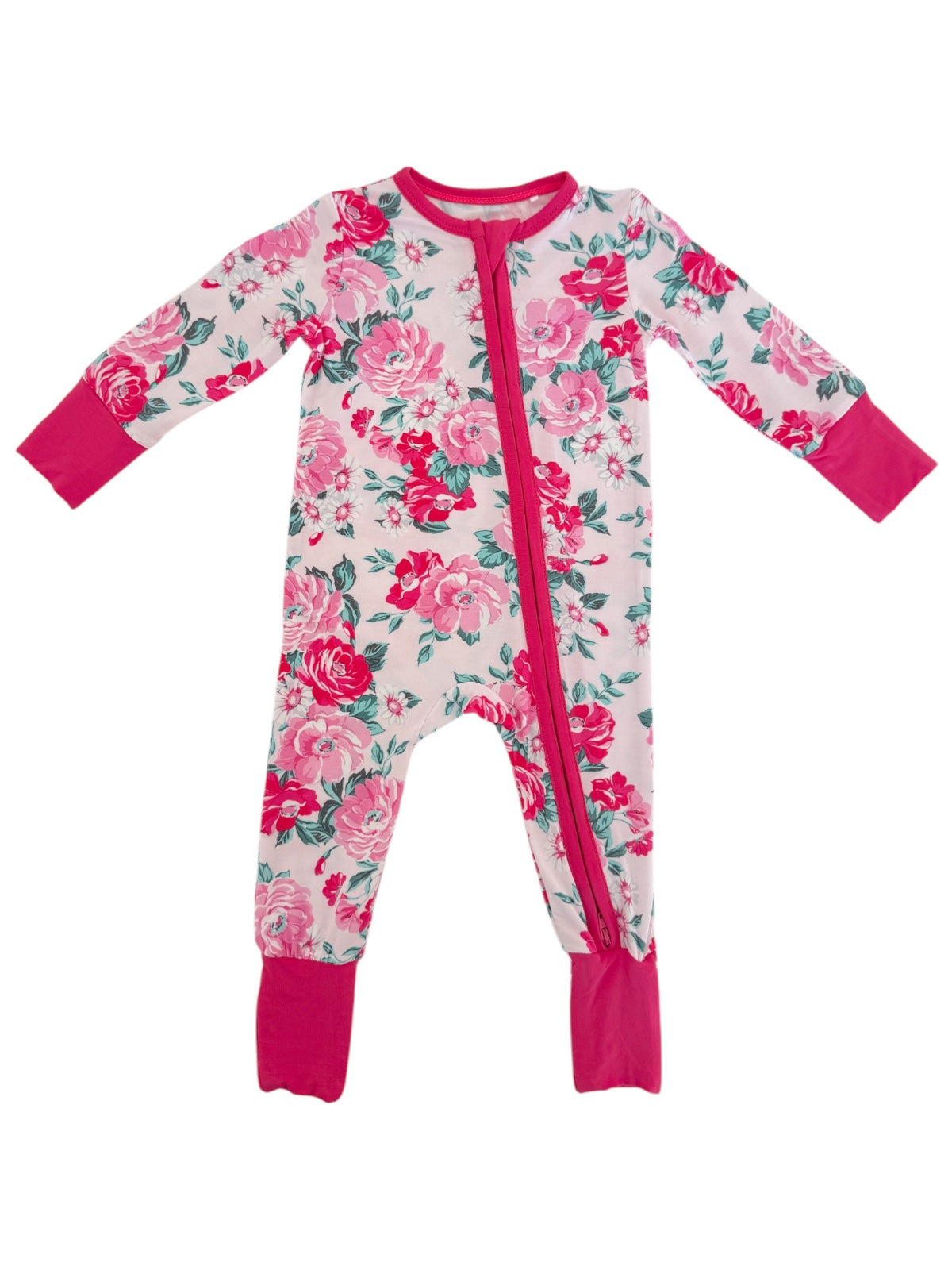 Floral-patterned baby onesie in pink and white with a front zipper and long sleeves.
