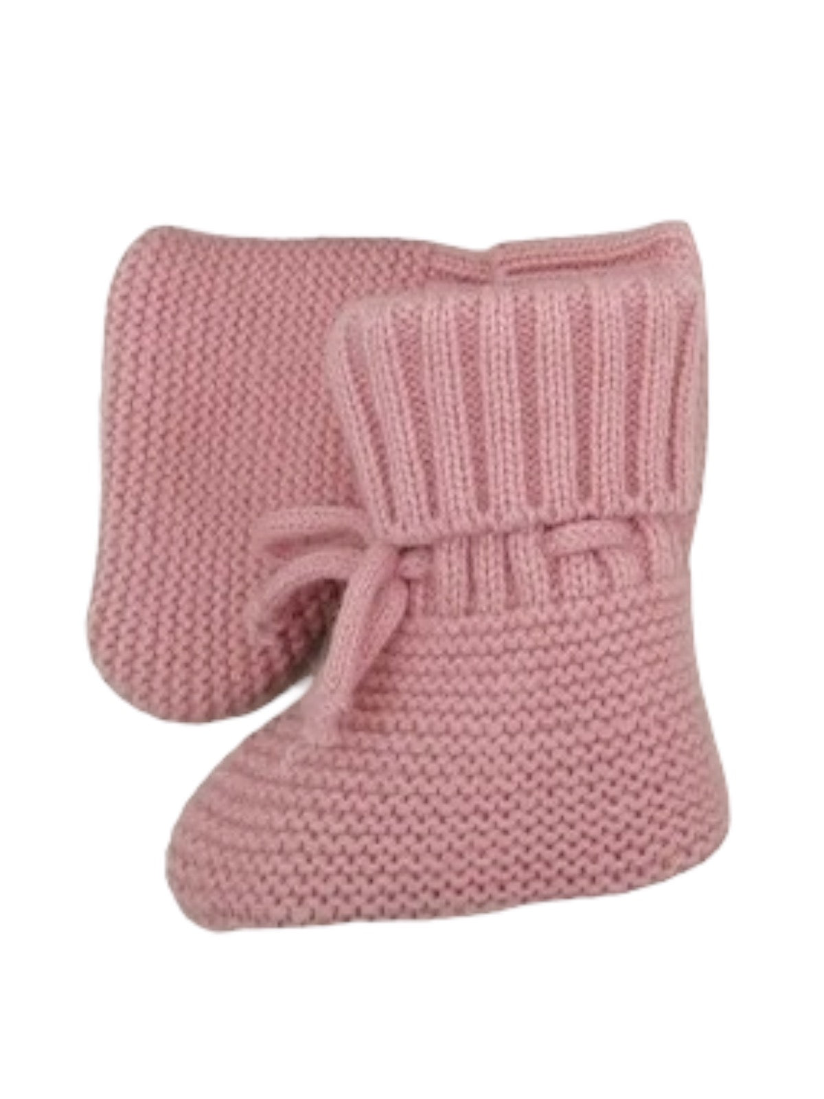 Pair of cozy pink knitted baby booties with a soft ribbed cuff and decorative tie.
