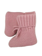 Pair of cozy pink knitted baby booties with a soft ribbed cuff and decorative tie.