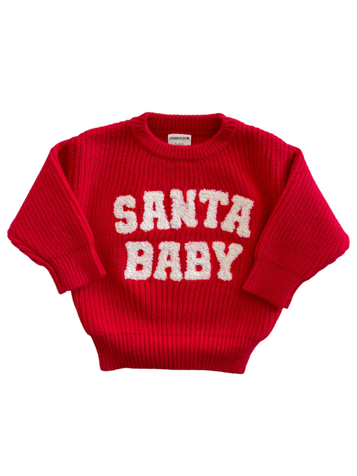 Red knitted sweater with "SANTA BABY" in fluffy white letters displayed prominently on the front.