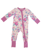 Floral-print children's onesie with long sleeves and a front zipper, featuring pink and blue flowers on a light background.