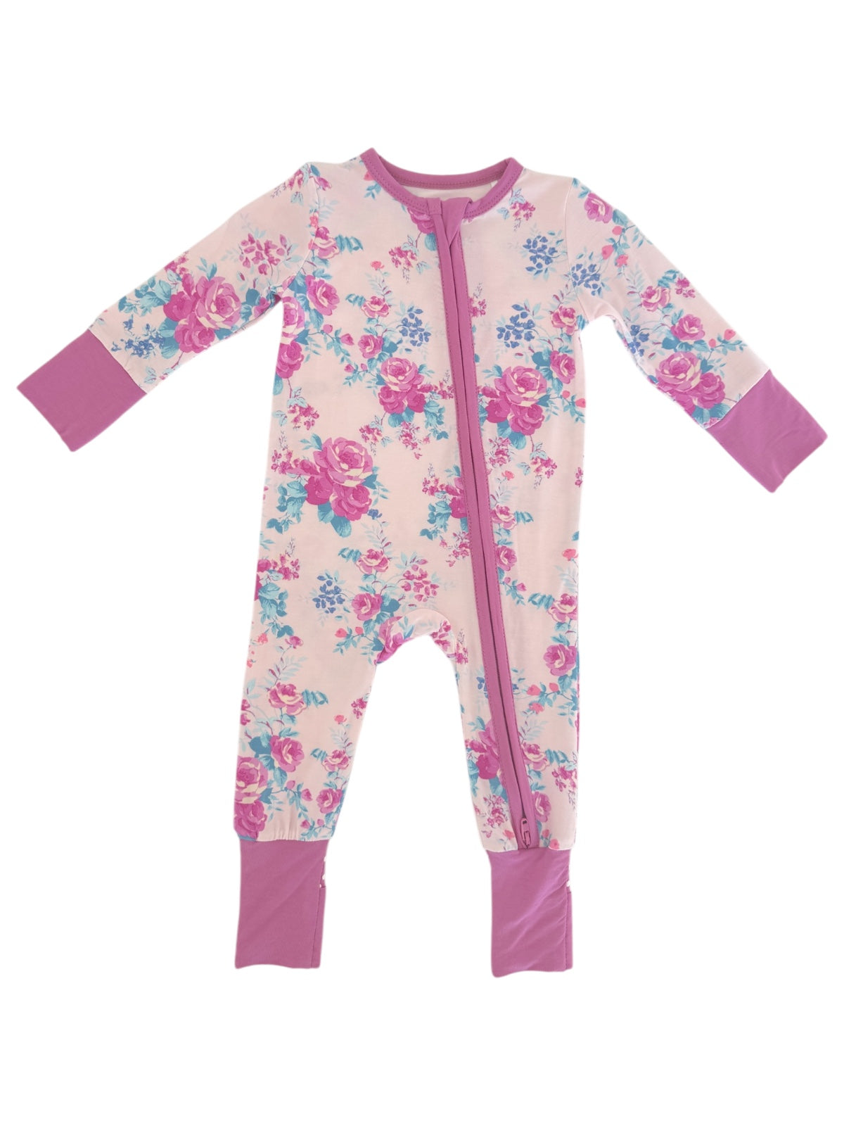 Floral-print children's onesie with long sleeves and a front zipper, featuring pink and blue flowers on a light background.