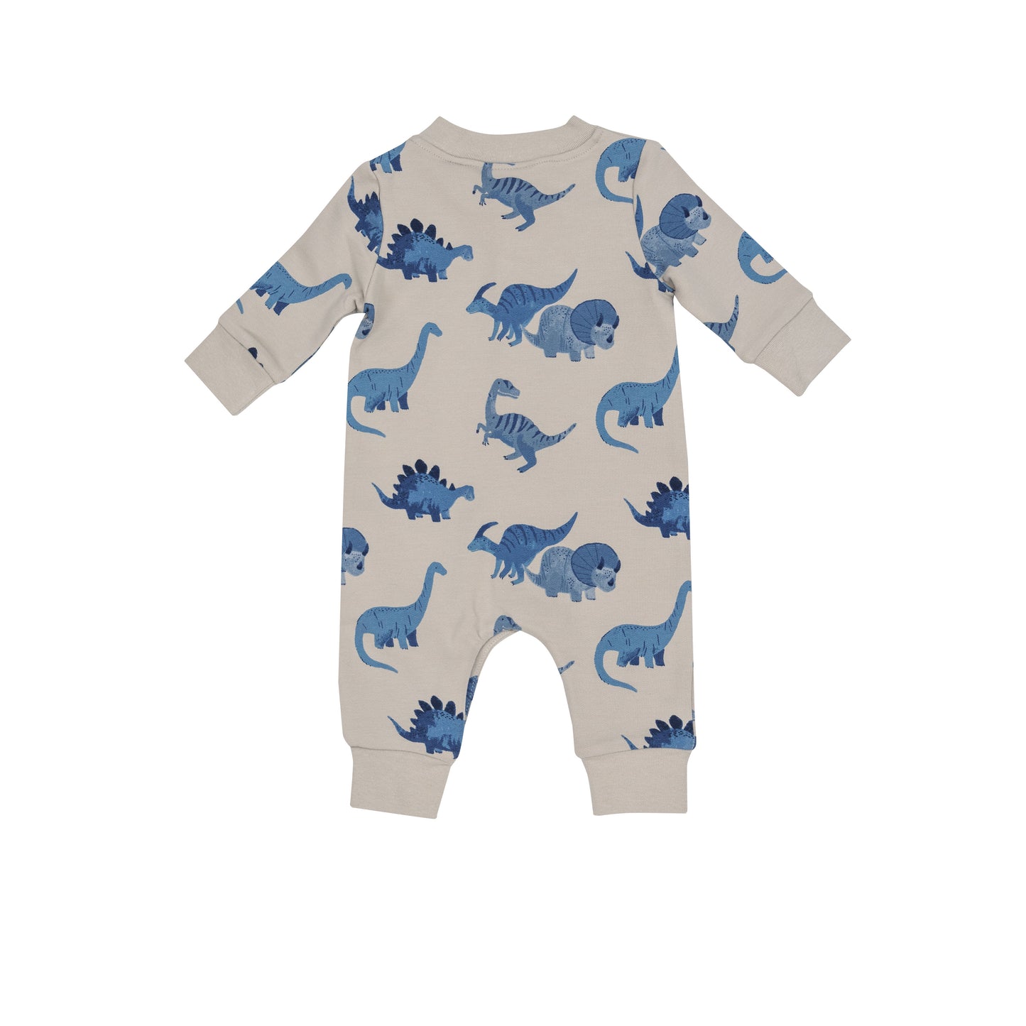 French Terry Baseball Collar Romper, Blue Dinos