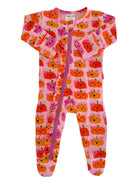 Pink baby onesie with colorful pumpkin pattern and ruffles, featuring a front zipper closure. Perfect for fall.