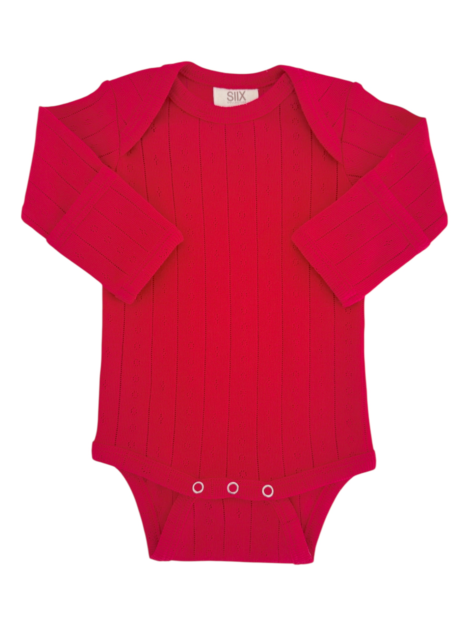 Red long-sleeve baby bodysuit with textured stripes and snap closure at the bottom.