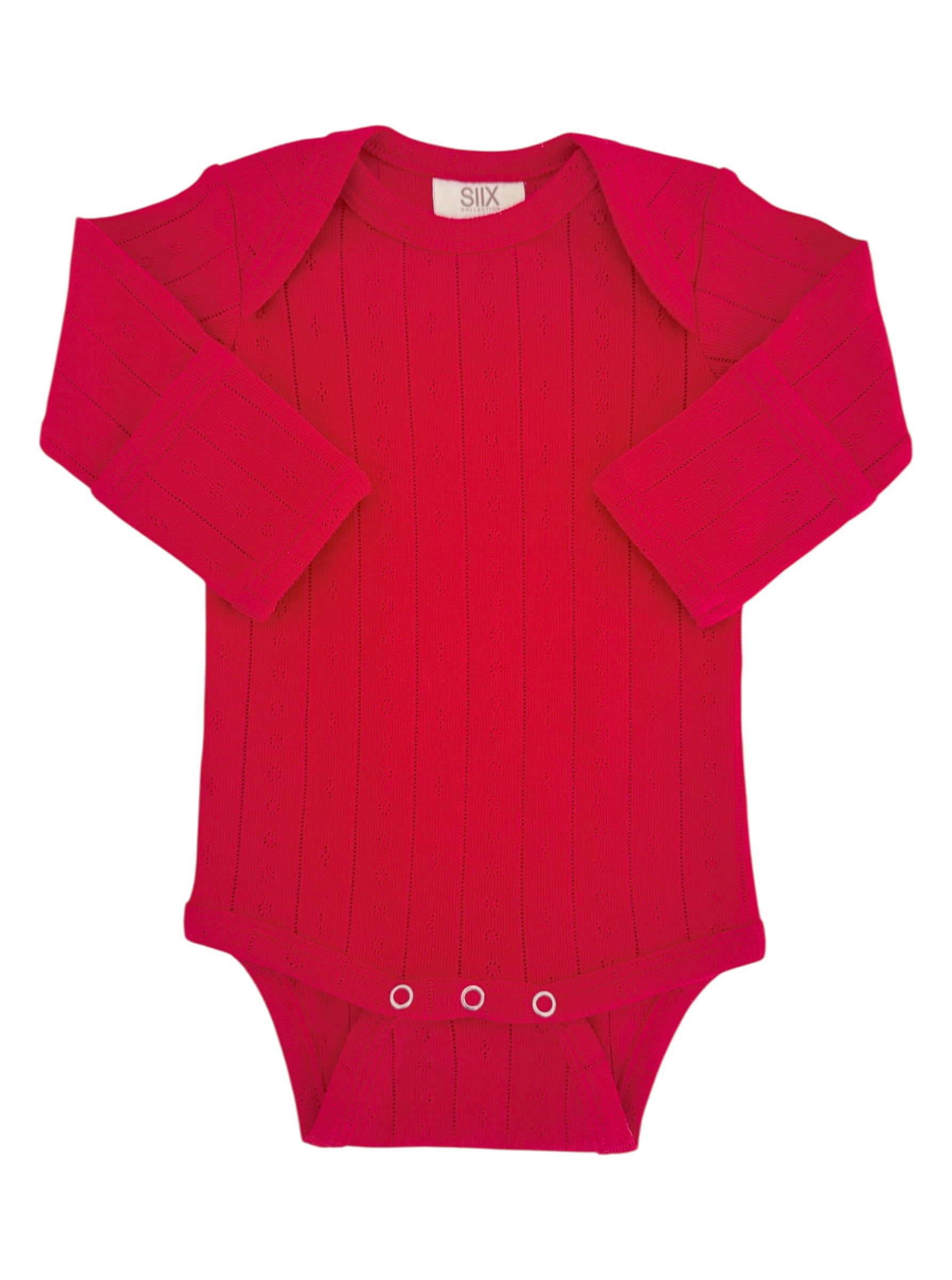 Red long-sleeve baby bodysuit with textured stripes and snap closure at the bottom.