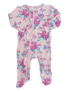 Baby onesie with floral pattern in pink and blue, featuring a front zipper and ruffled details.