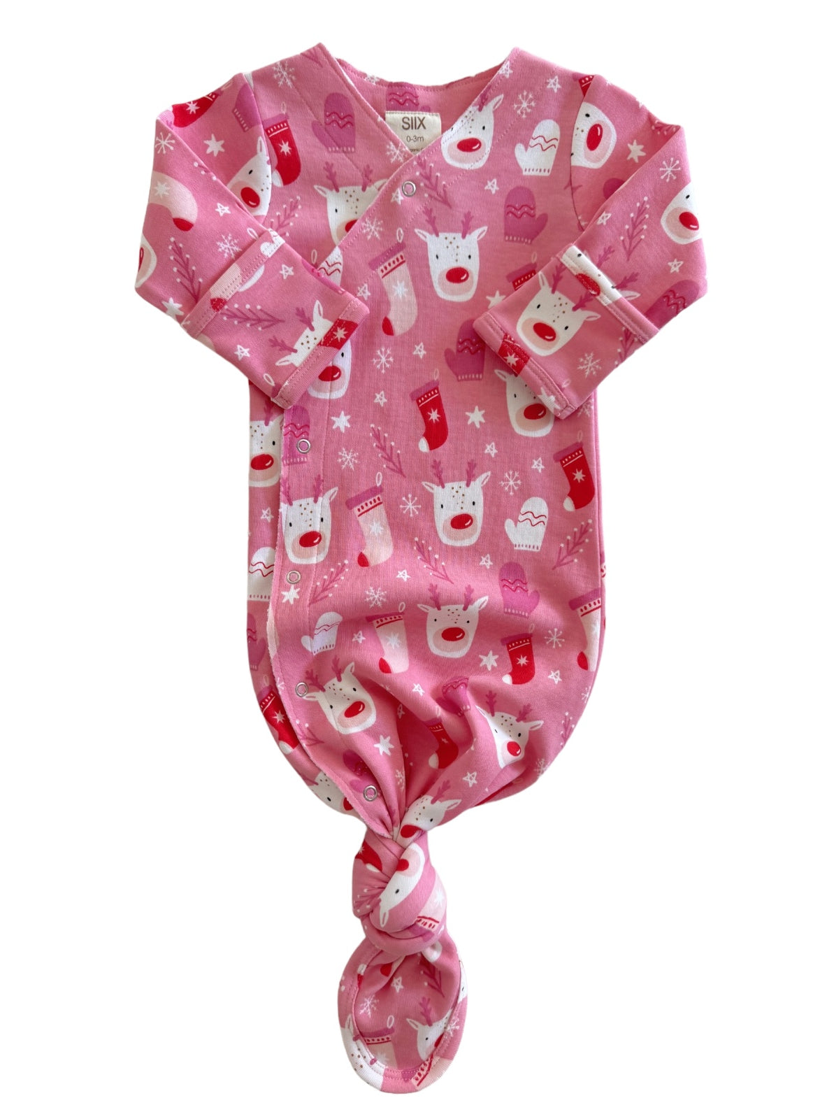 Pink baby gown with holiday-themed reindeer and mittens pattern, featuring a knotted bottom for easy changing.