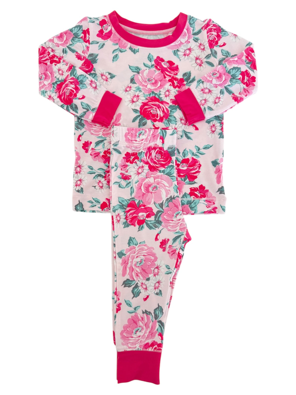 Floral-patterned children's pajamas in pink and white, featuring long sleeves and matching pants.
