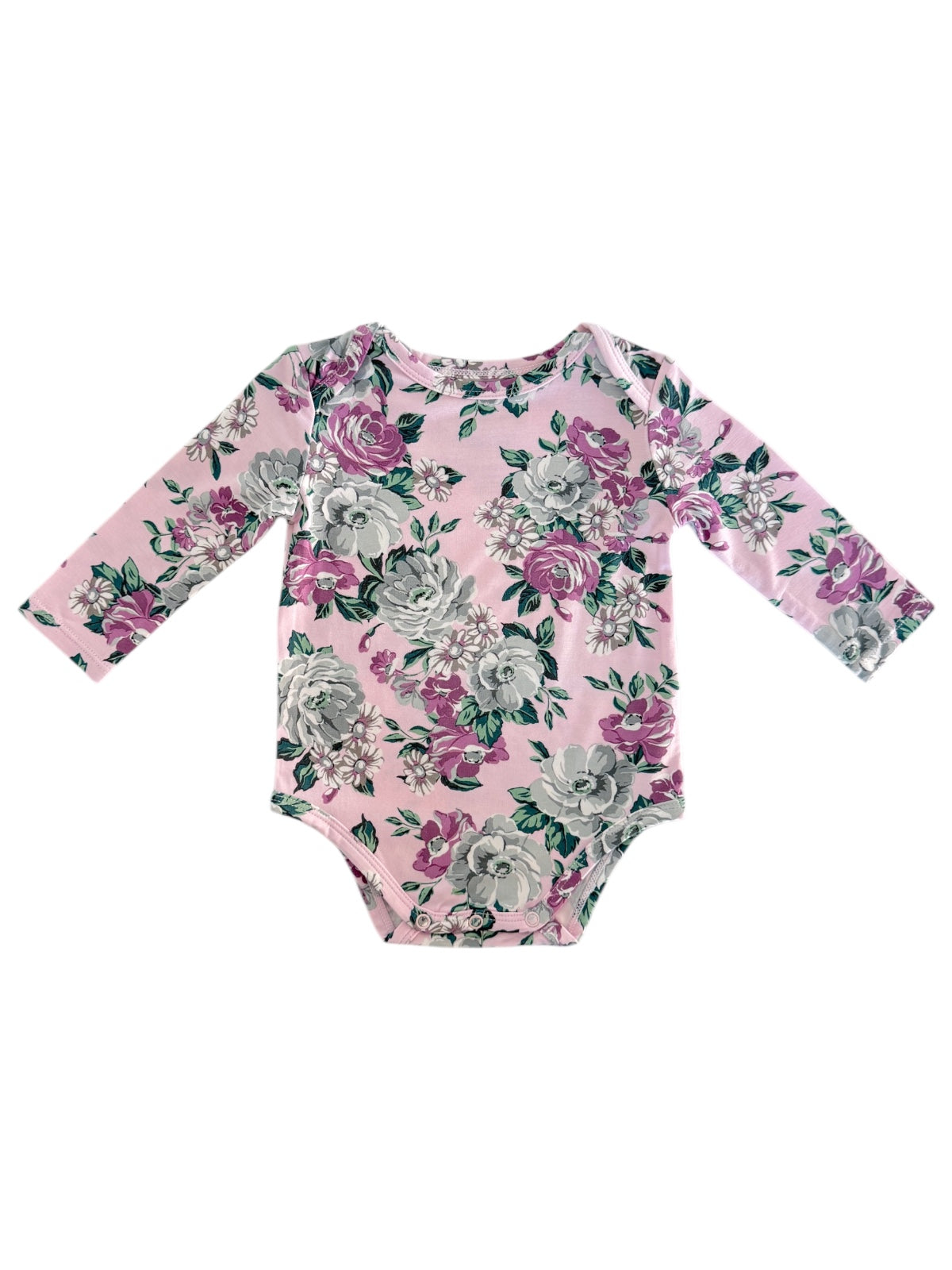 Floral long-sleeve baby onesie in pink, featuring roses and greenery design on soft fabric.