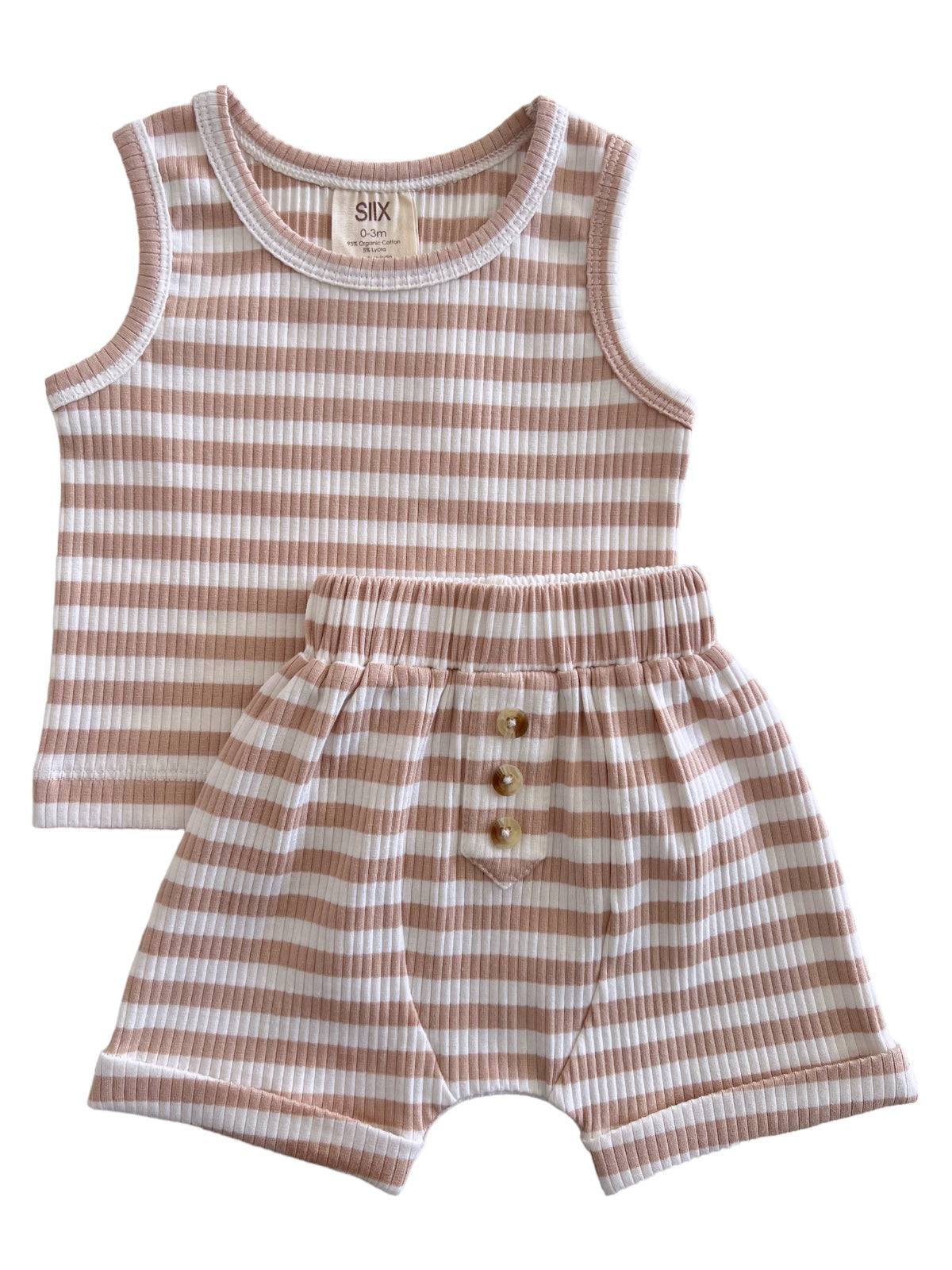 Tan and white striped infant outfit featuring a sleeveless top and shorts with decorative buttons.