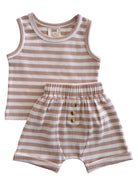 Tan and white striped infant outfit featuring a sleeveless top and shorts with decorative buttons.