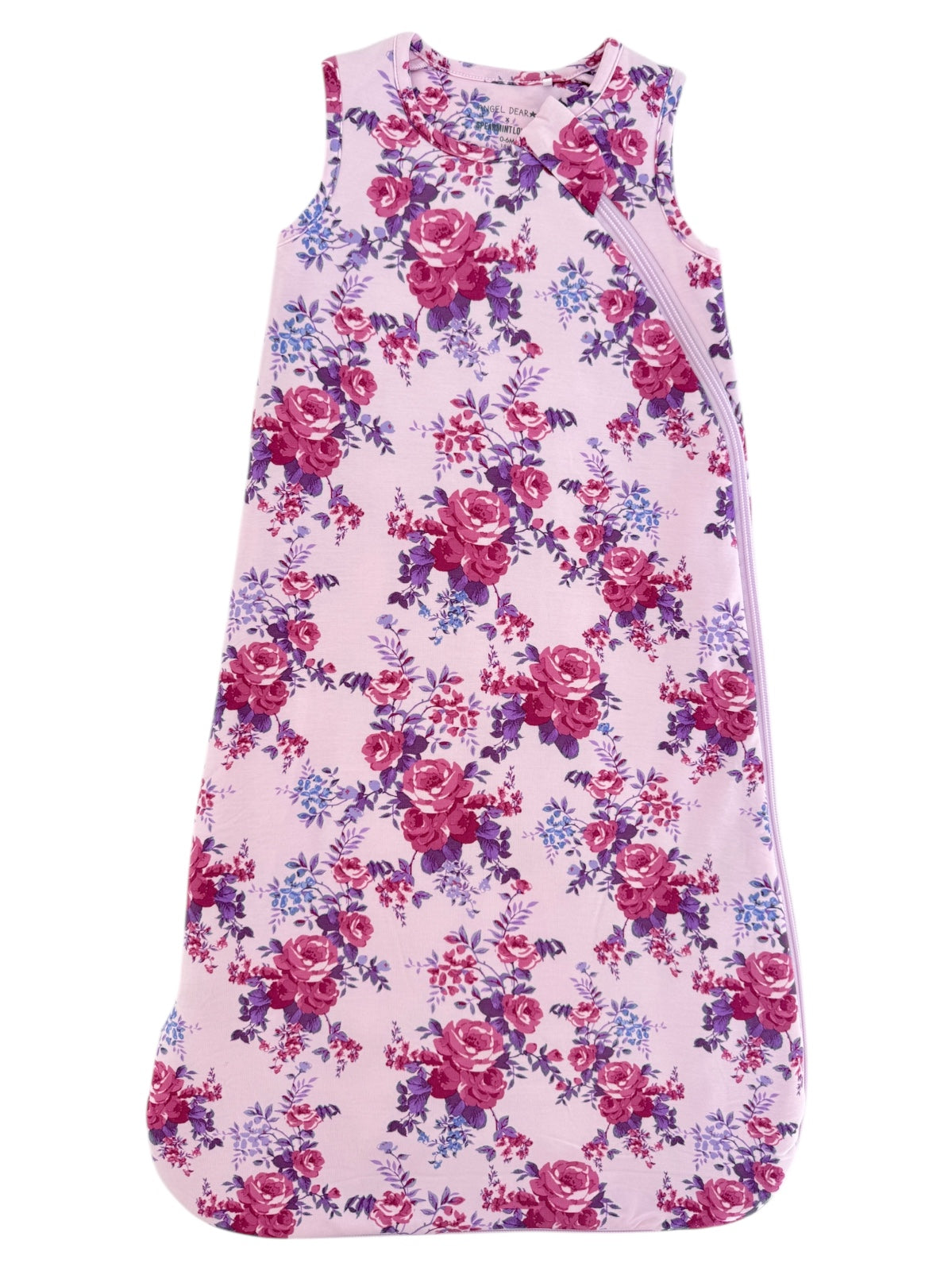 Floral baby sleep sack in pink, featuring a zipper on the side for easy dressing and a soft, comfortable design.