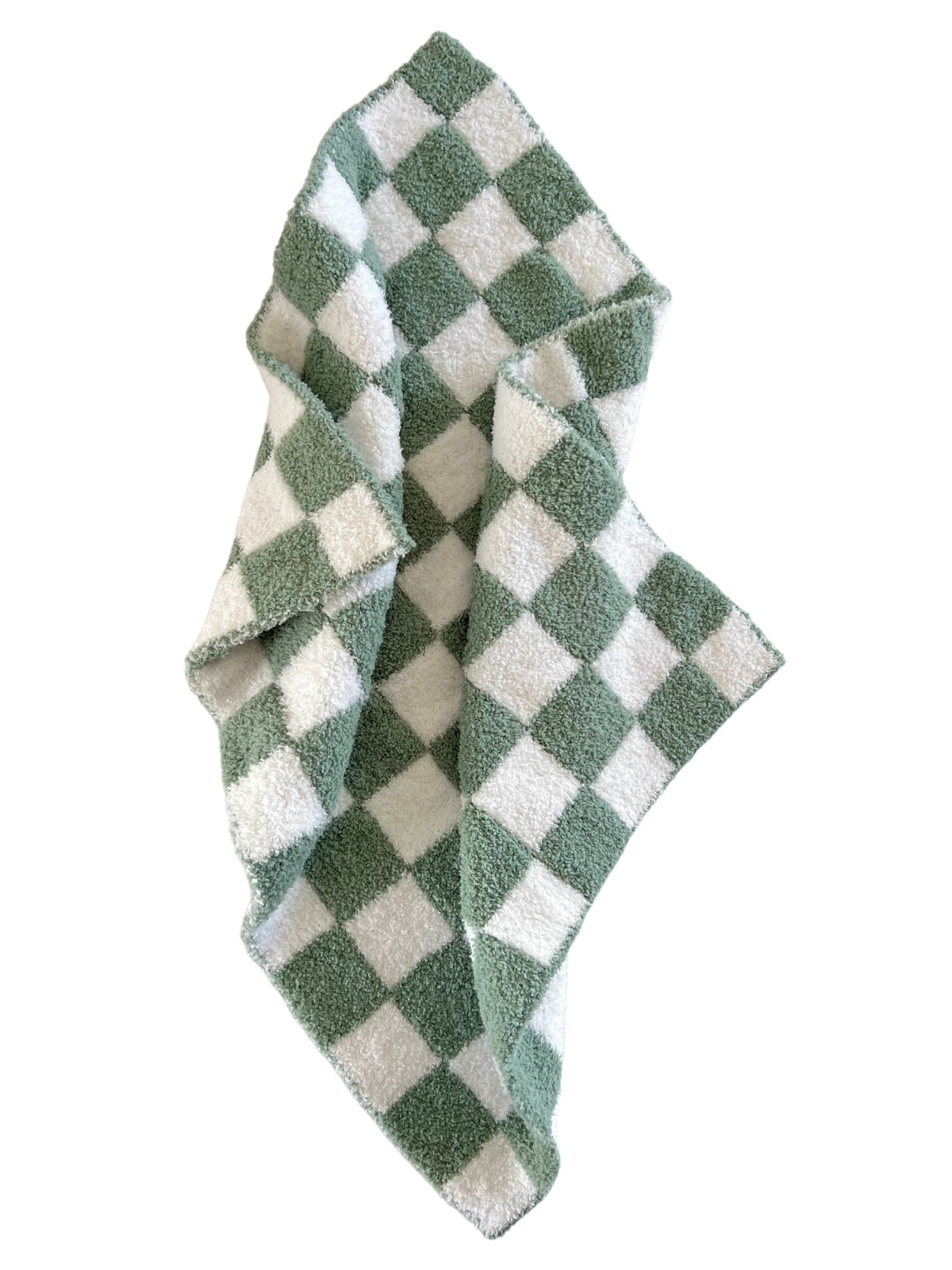 Green and white checkered towel draped elegantly, showcasing its soft texture and pattern.
