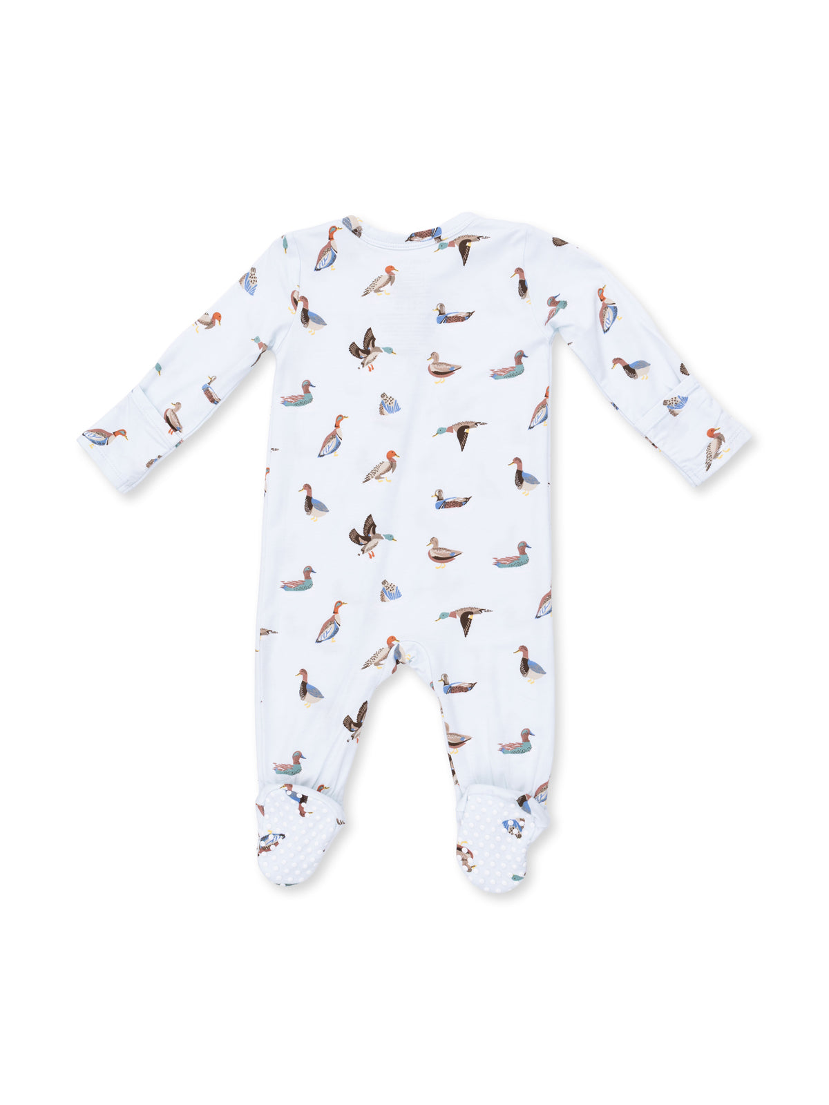 Light blue baby onesie with various bird prints, featuring long sleeves and polka dot foot grips.
