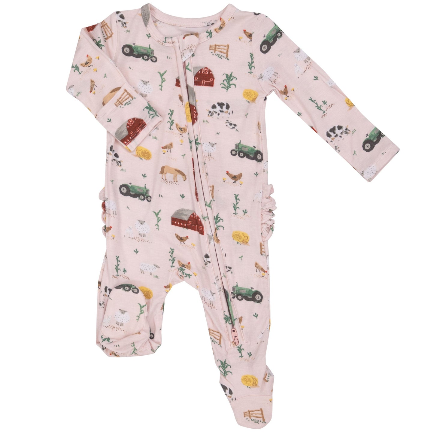 2-Way Zip Ruffle Back Footie, Big Red Barn Pink