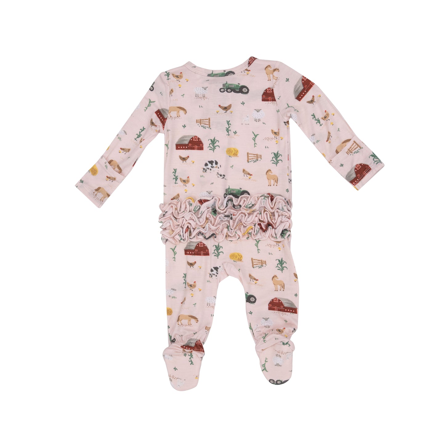 2-Way Zip Ruffle Back Footie, Big Red Barn Pink