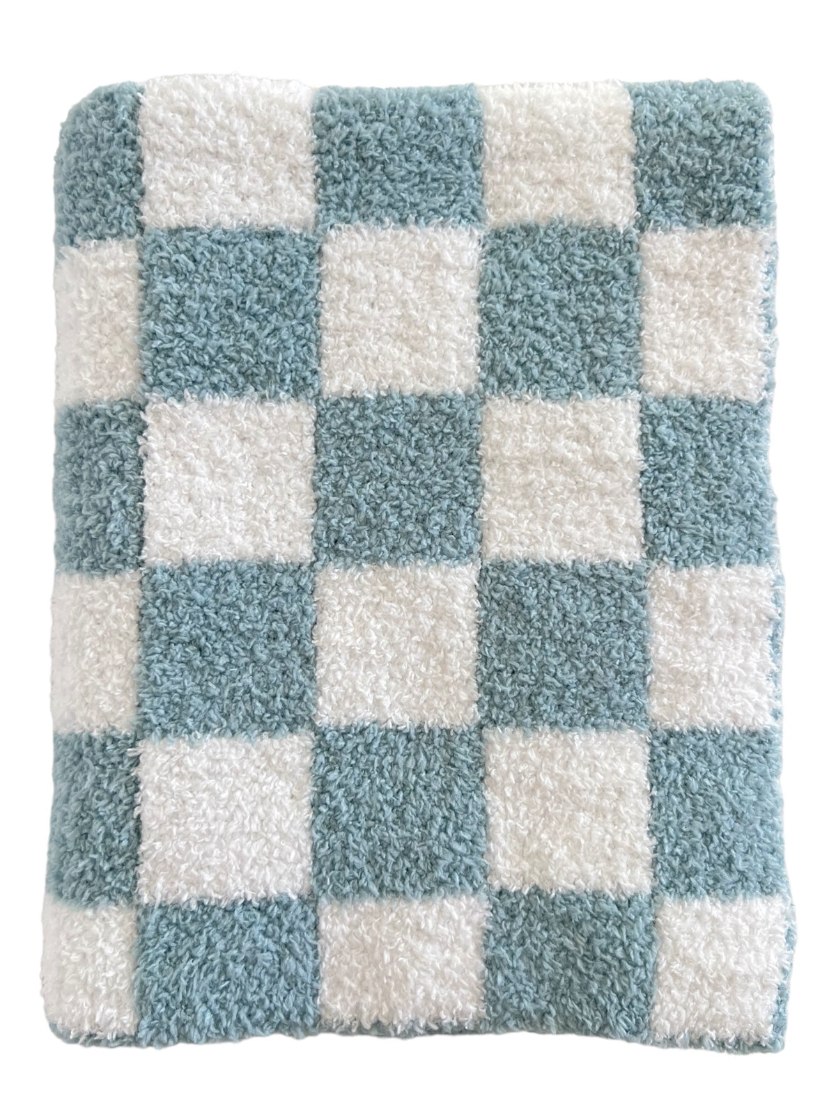 Blue and white checkered plush towel with a soft, fluffy texture.