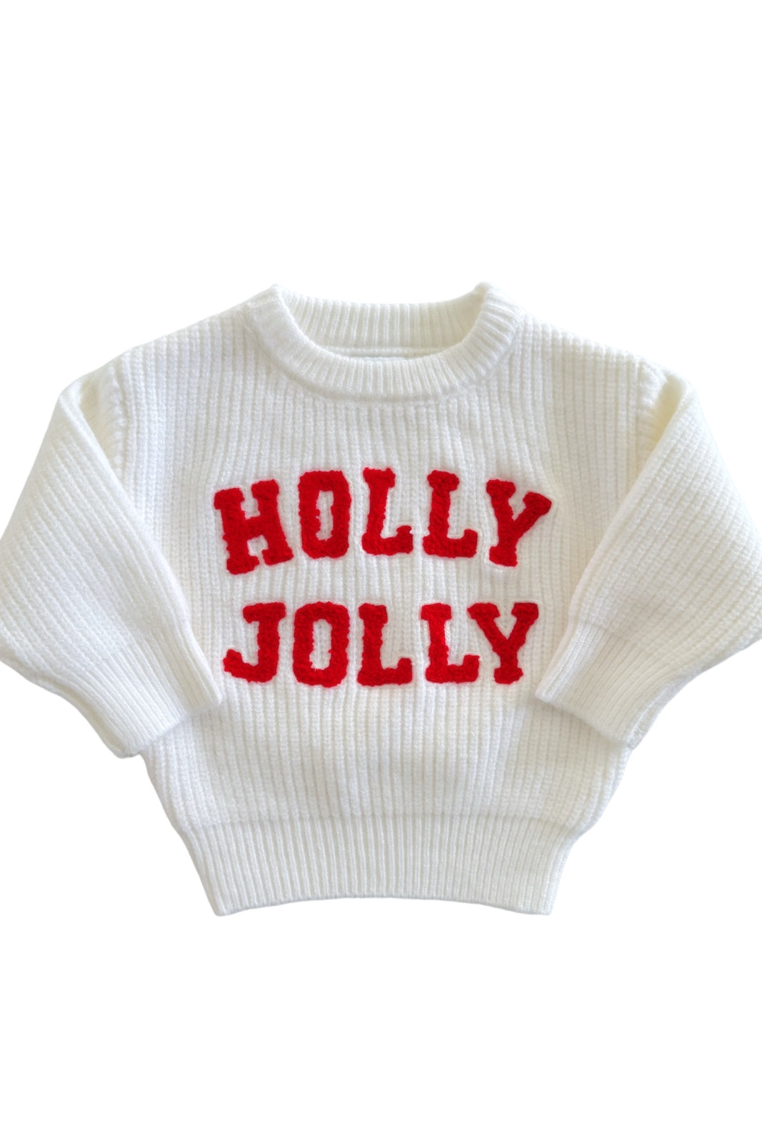 White sweater with "HOLLY JOLLY" in red letters, perfect for festive occasions.