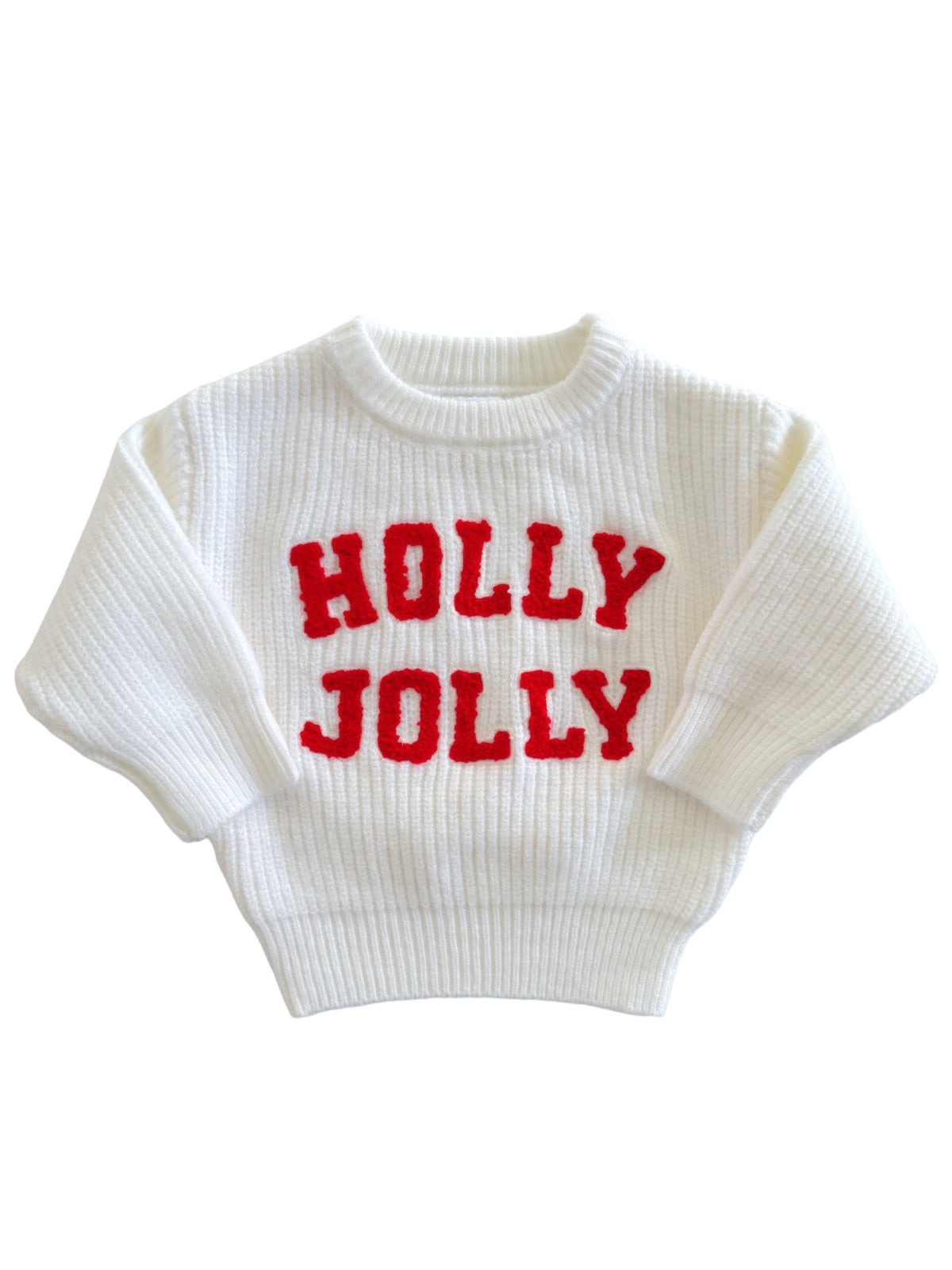 White sweater with "HOLLY JOLLY" in red letters, perfect for festive occasions.