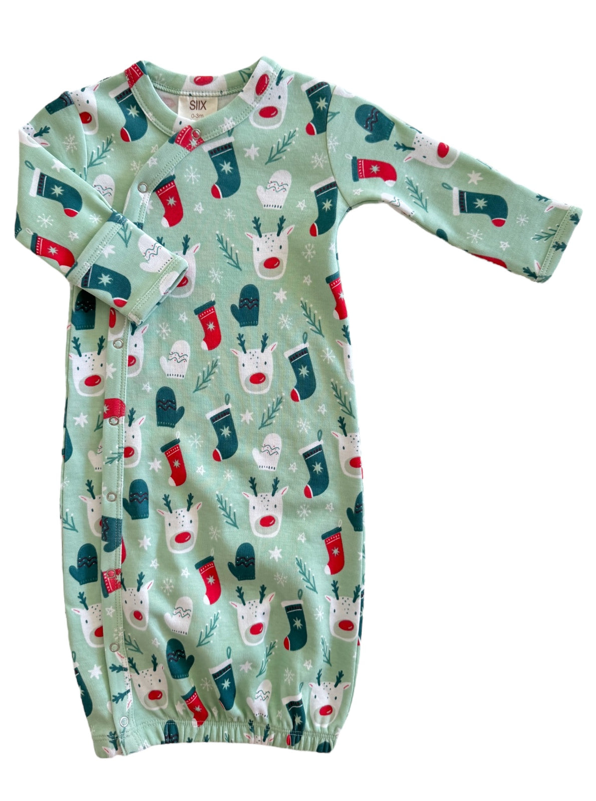 Green baby gown with festive reindeer and Christmas stocking patterns, featuring long sleeves and elastic bottom.