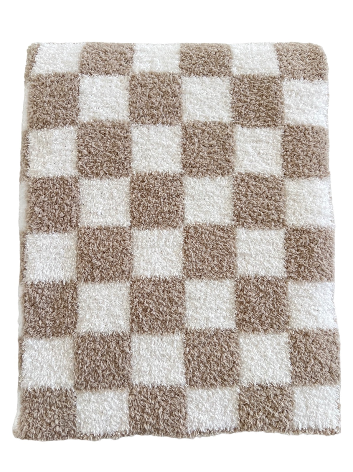 Brown and white checkered towel with a soft, fluffy texture.