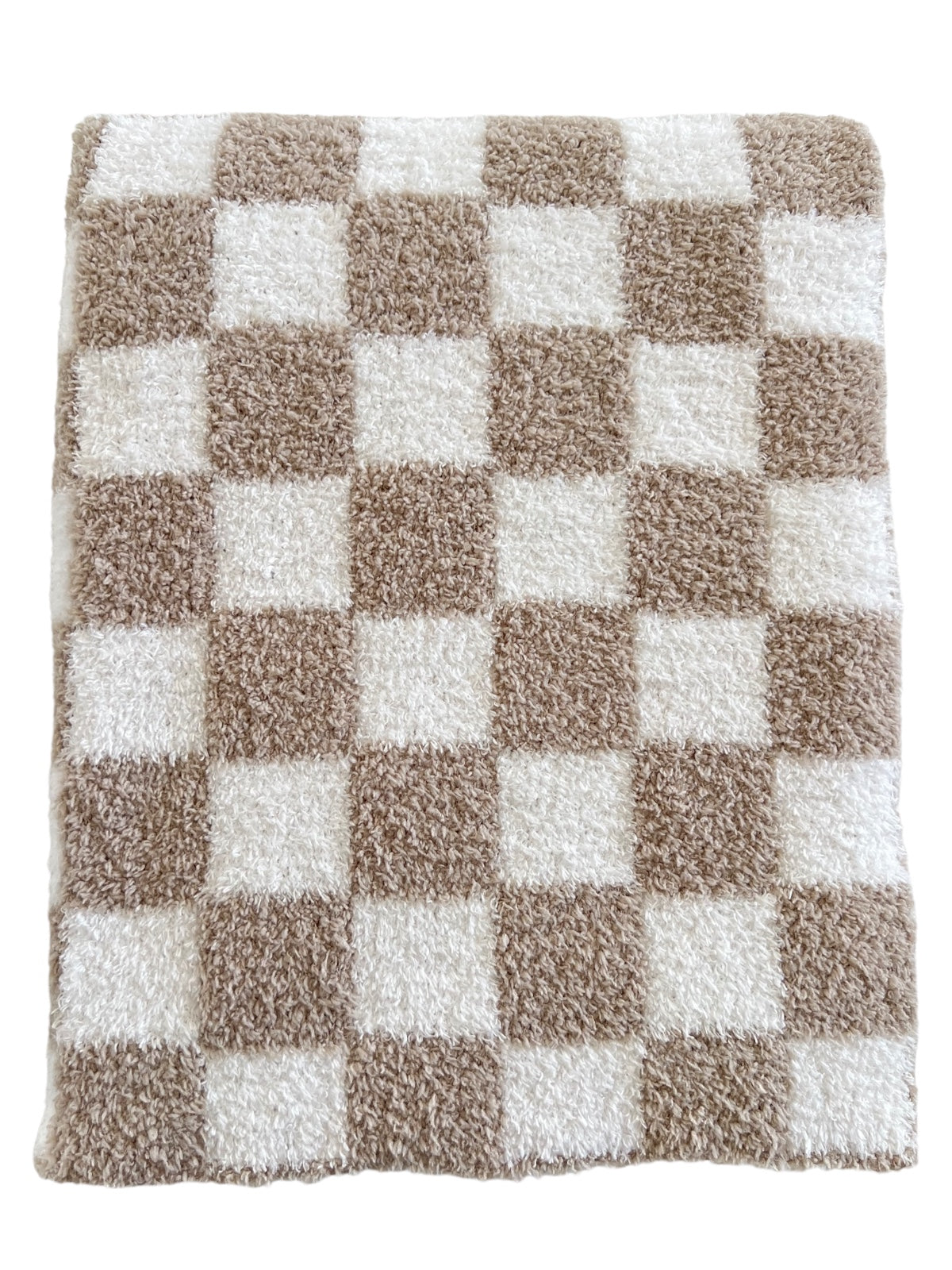 Brown and white checkered towel with a soft, fluffy texture.