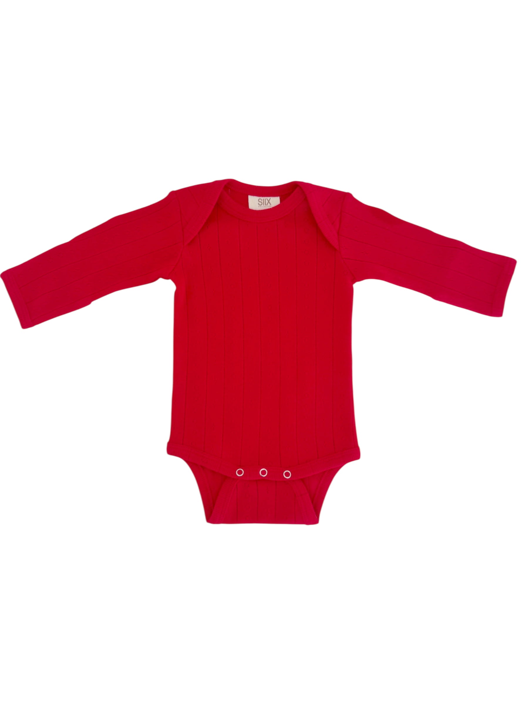 Red long-sleeve baby bodysuit with ribbed texture and snap closures at the bottom. Suitable for infants and toddlers.