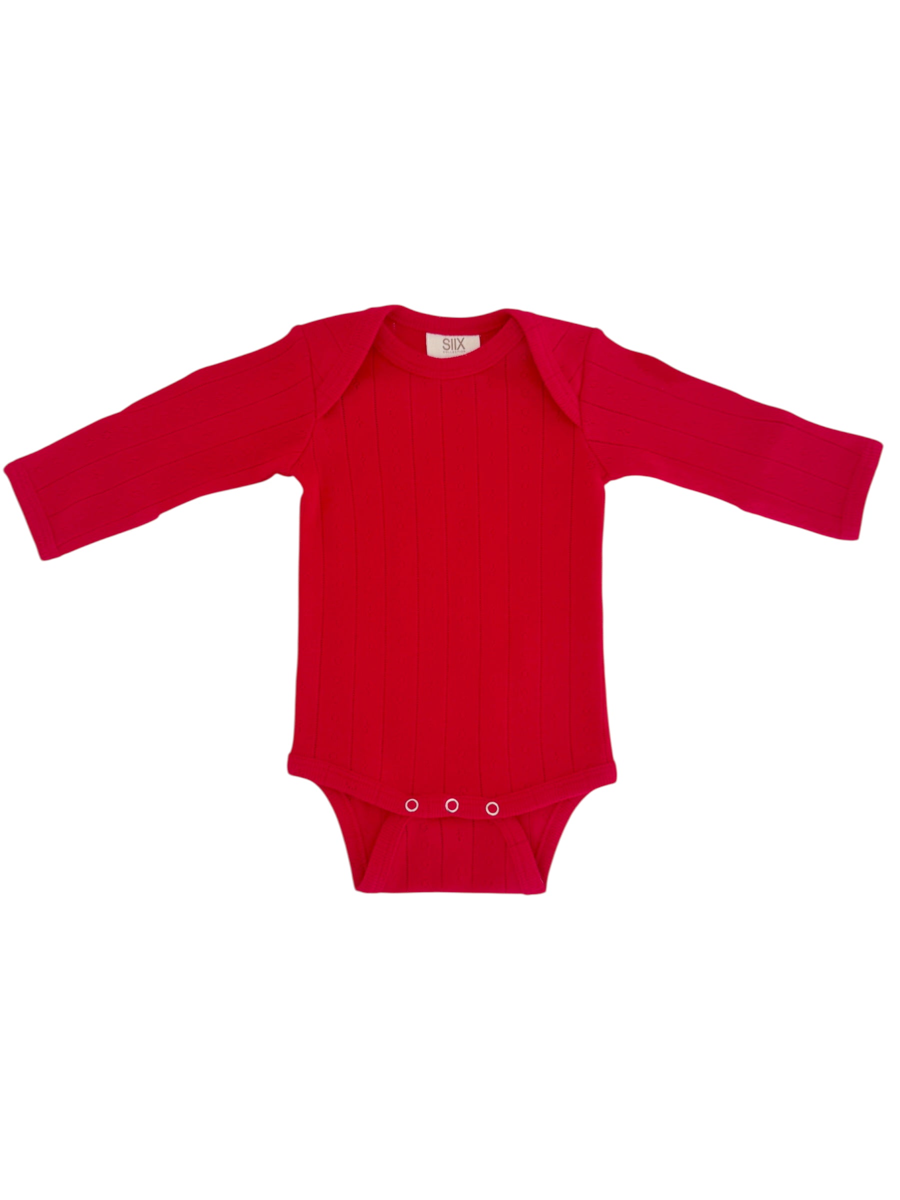 Red long-sleeve baby bodysuit with ribbed texture and snap closures at the bottom. Suitable for infants and toddlers.