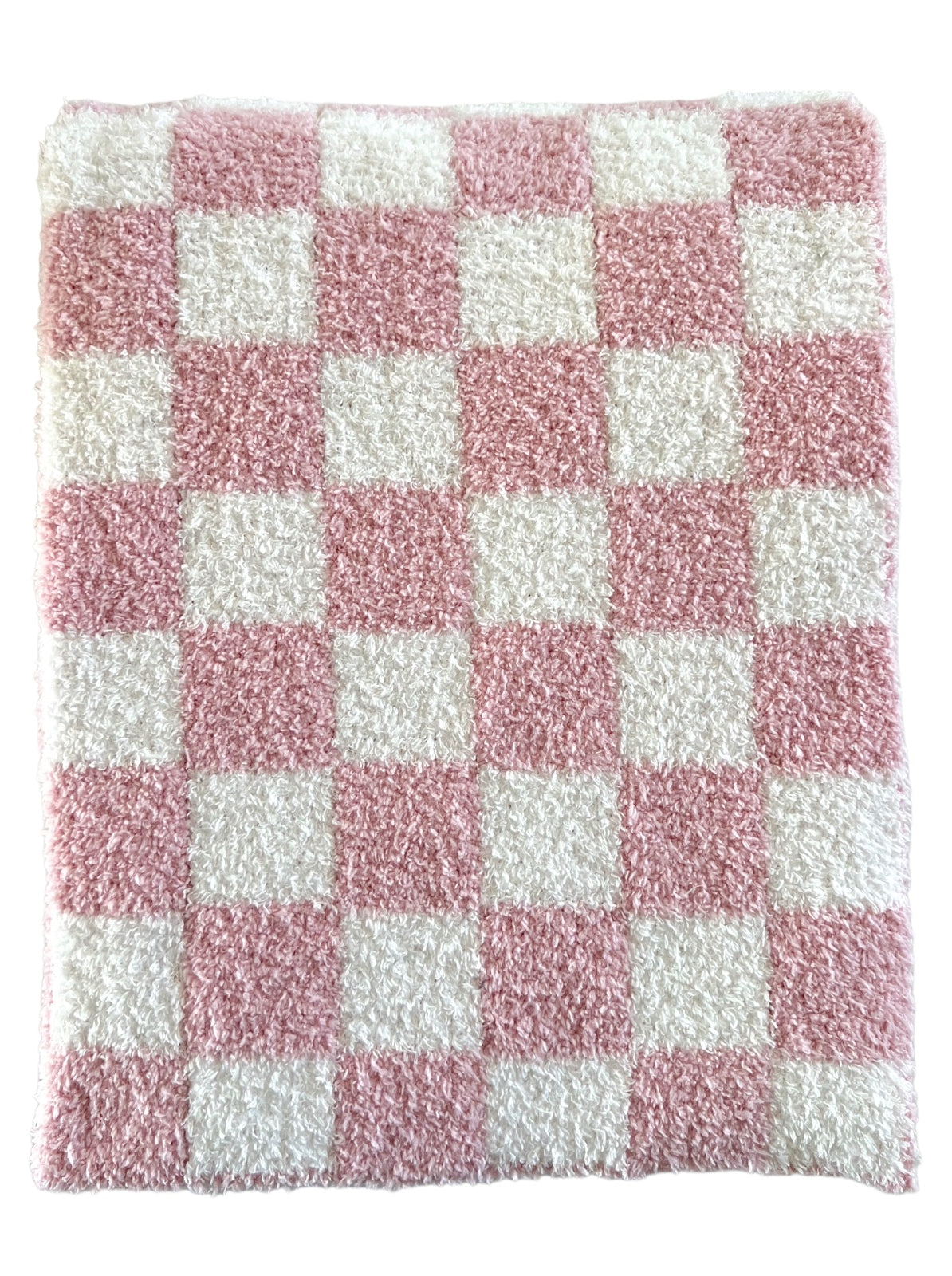 Pink and white checkered soft bath rug with a fluffy texture.