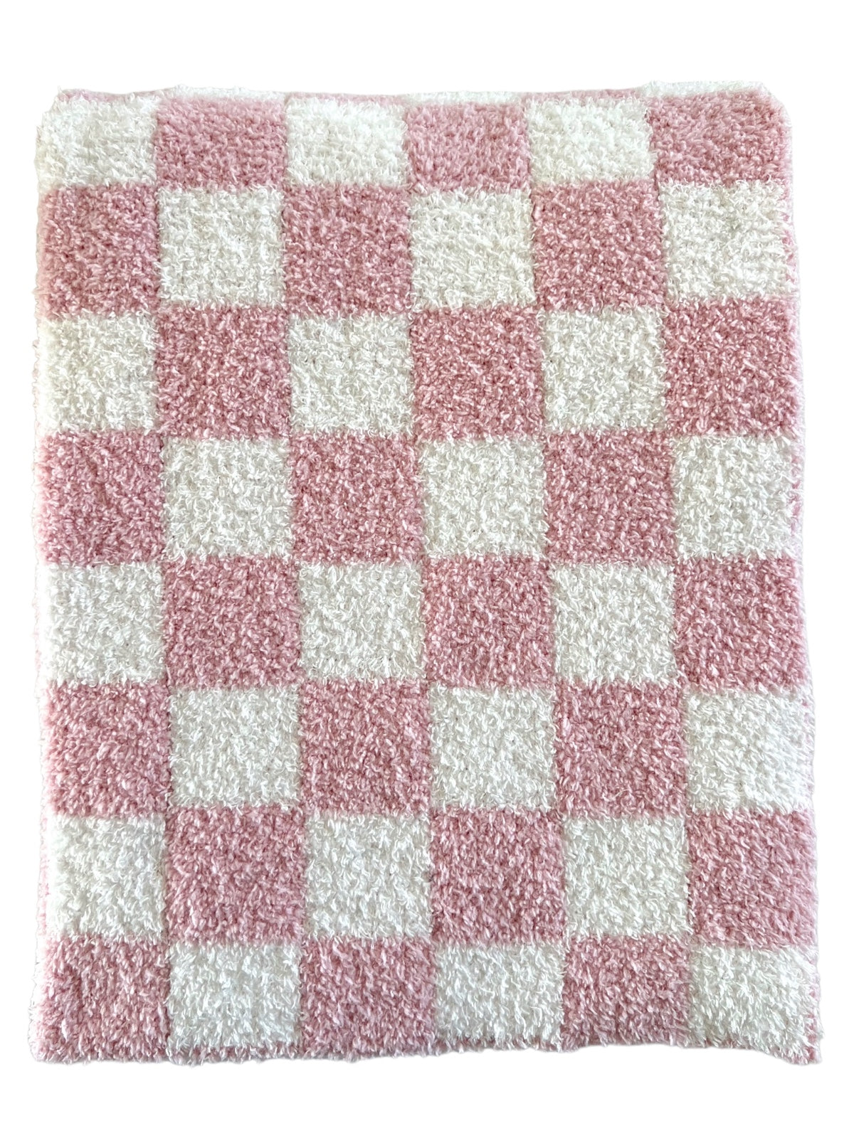 Pink and white checkered soft bath rug with a fluffy texture.
