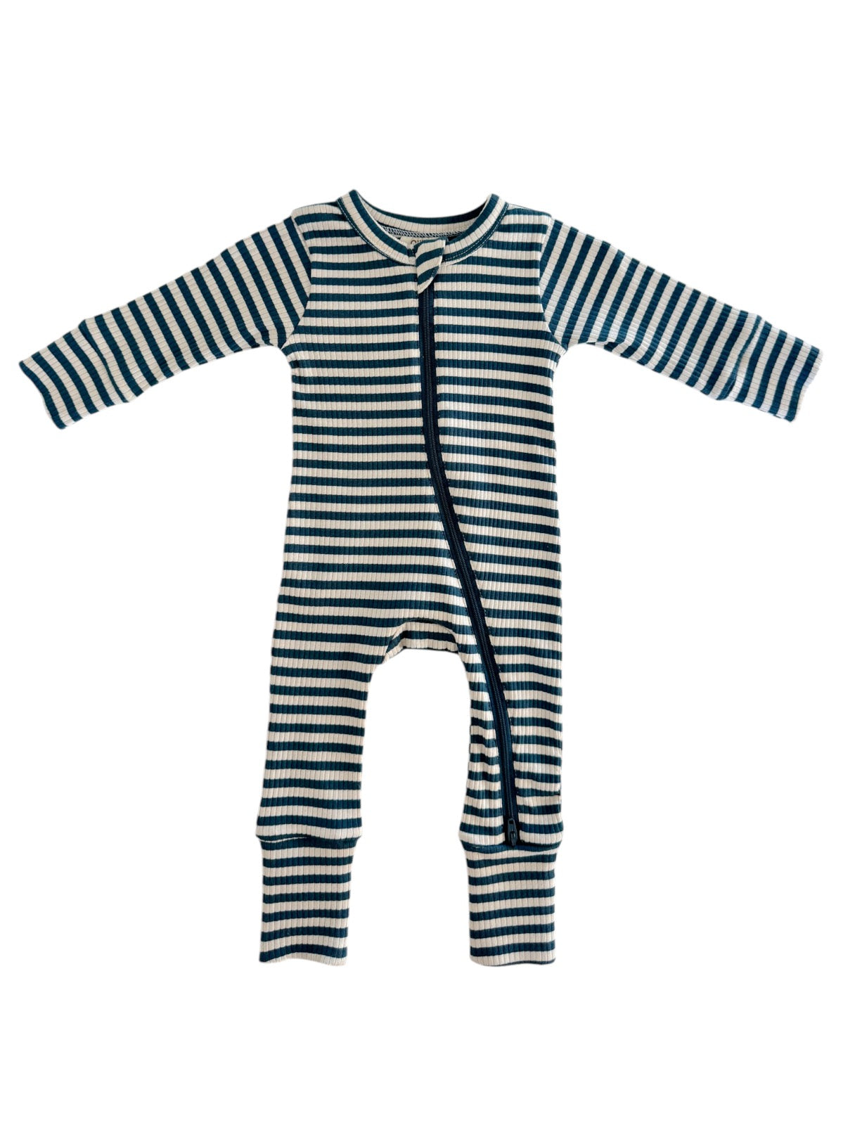 Blue and white striped baby onesie with long sleeves and a front zipper.