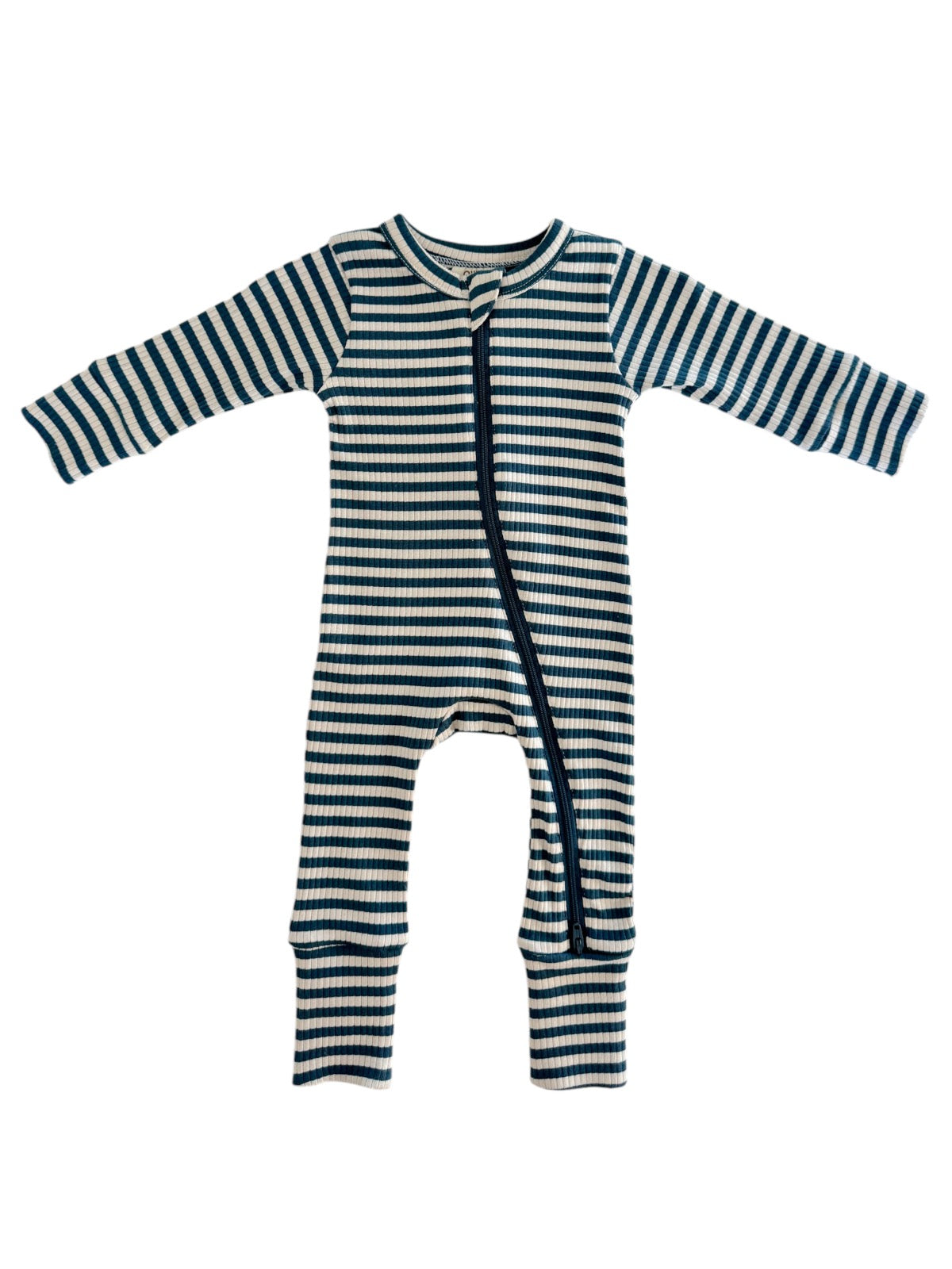 Blue and white striped baby onesie with long sleeves and a front zipper.