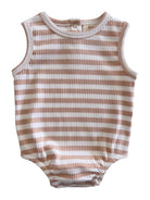 Light brown and white striped sleeveless baby romper with snap closure at bottom.