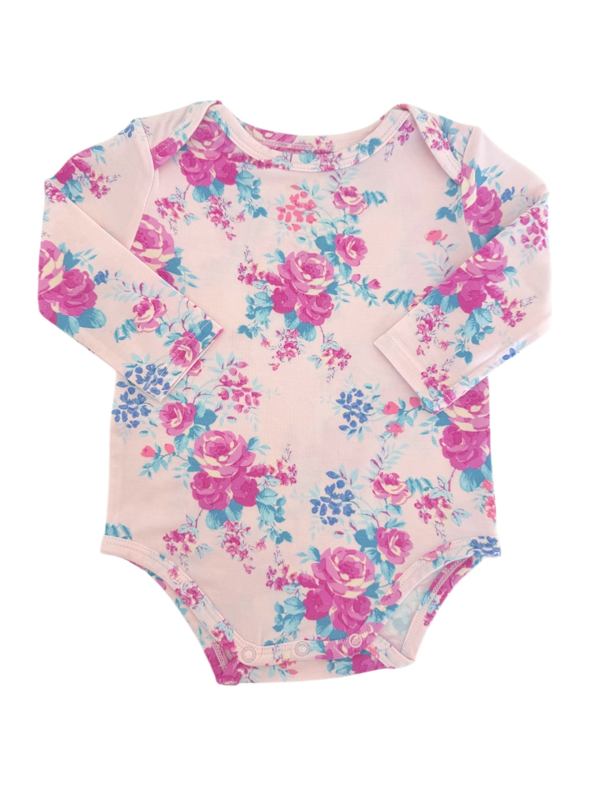 Pink floral long-sleeve baby bodysuit with purple roses and blue accents. Perfect for stylish infants.