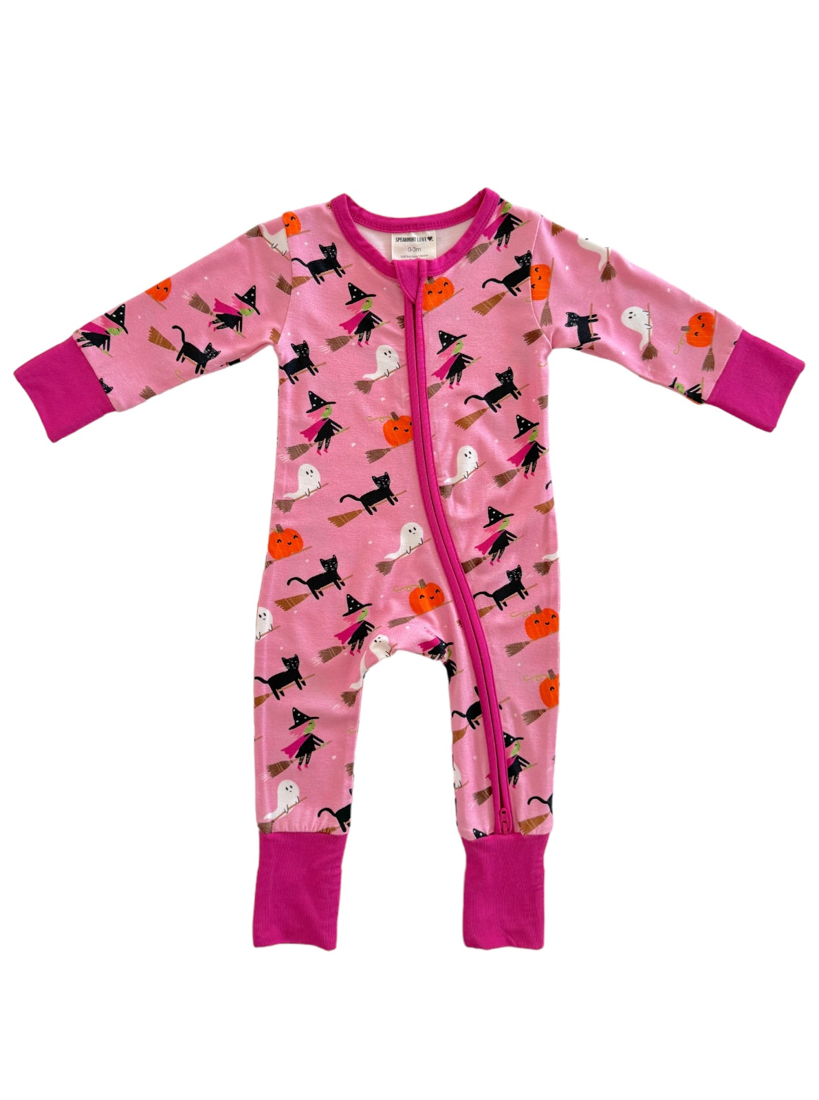 Pink Halloween-themed toddler pajama with ghosts, black cats, witches, and pumpkins.